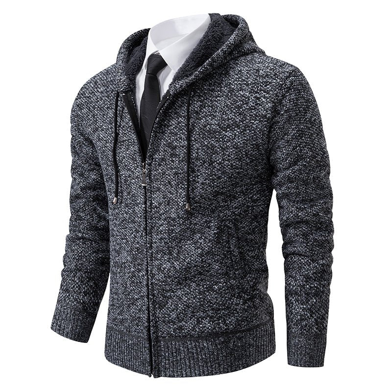 Tom - Men's Zip-Up Hooded Knit Cardigan with Drawstring Hood - Cardigans - Dark Gray - Parker&Brooks
