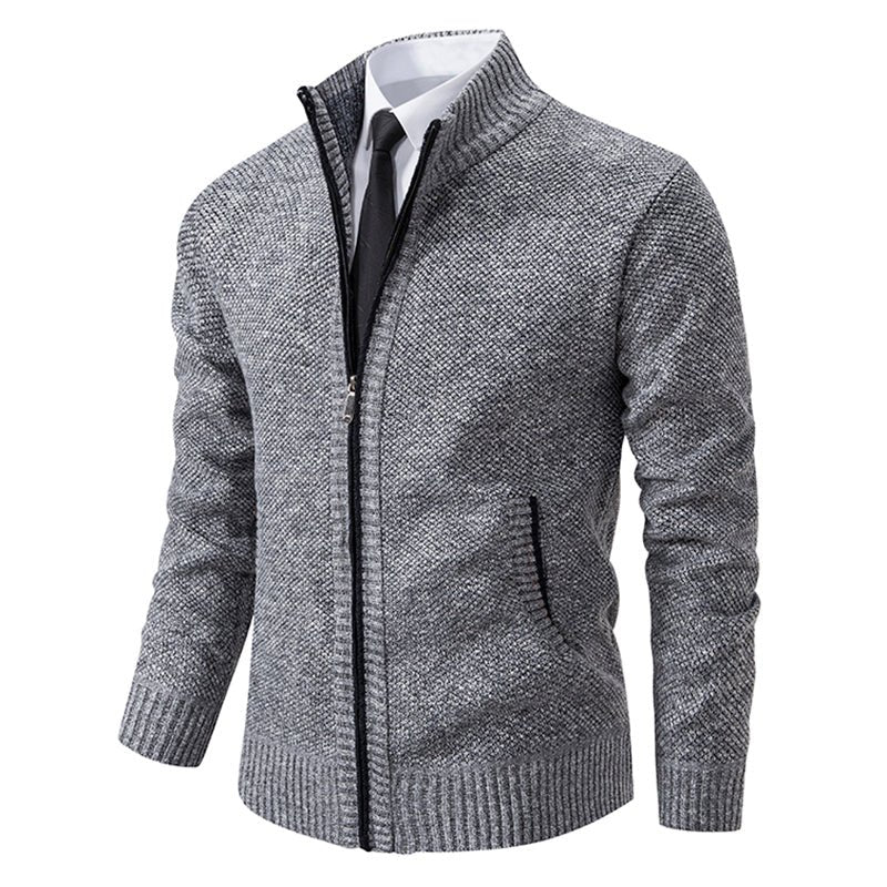 Tom - Men's Zip-Up Hooded Knit Cardigan with Drawstring Hood - Cardigans - Light Gray - Parker&Brooks
