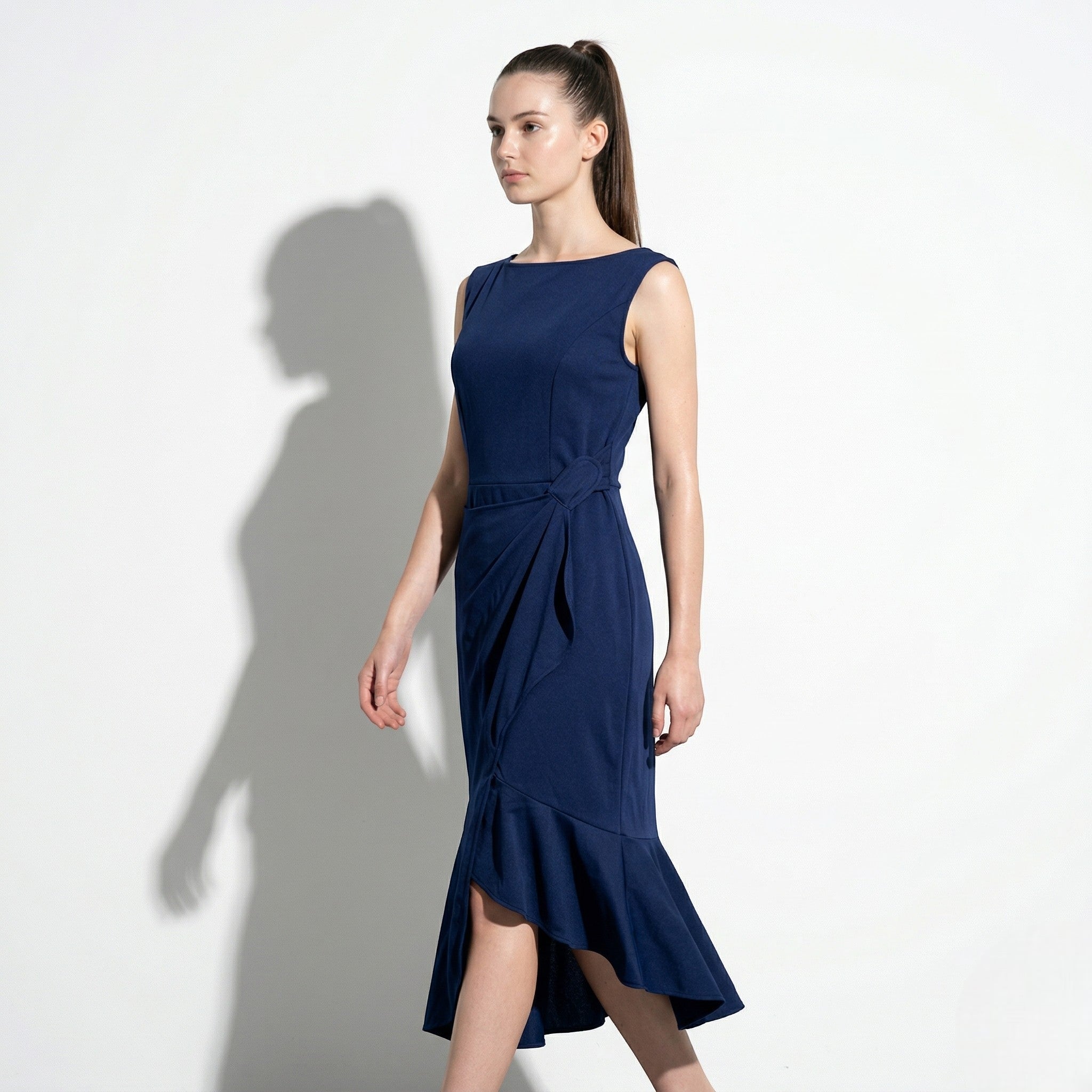 Victoria - Women's Evening Draped Midi Dress - Midi Dresses - Navy Blue - Parker&Brooks