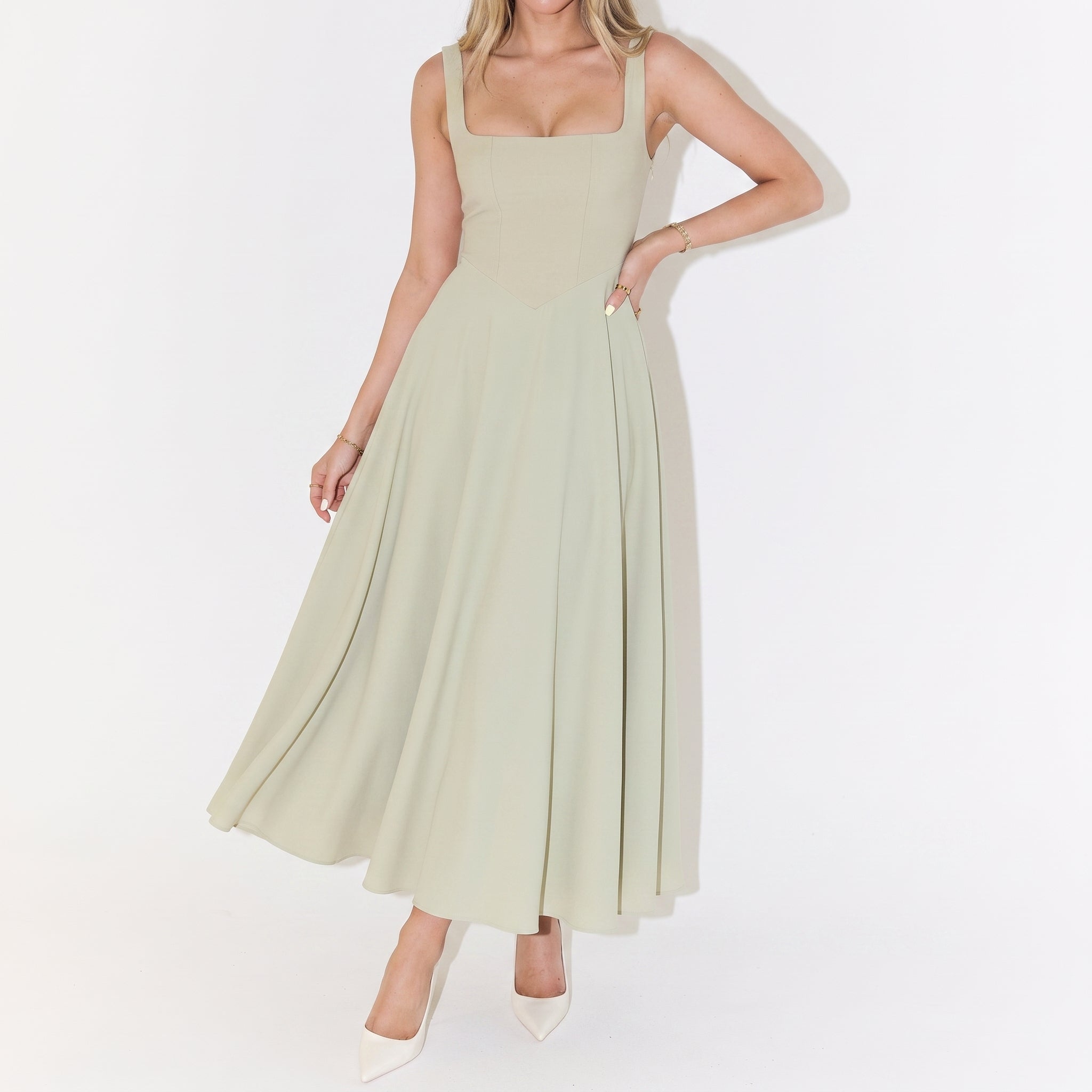 Victoria - Women's Evening Square Neck Ruched Bodice Maxi Dress - Dresses - Light Green - Parker&Brooks