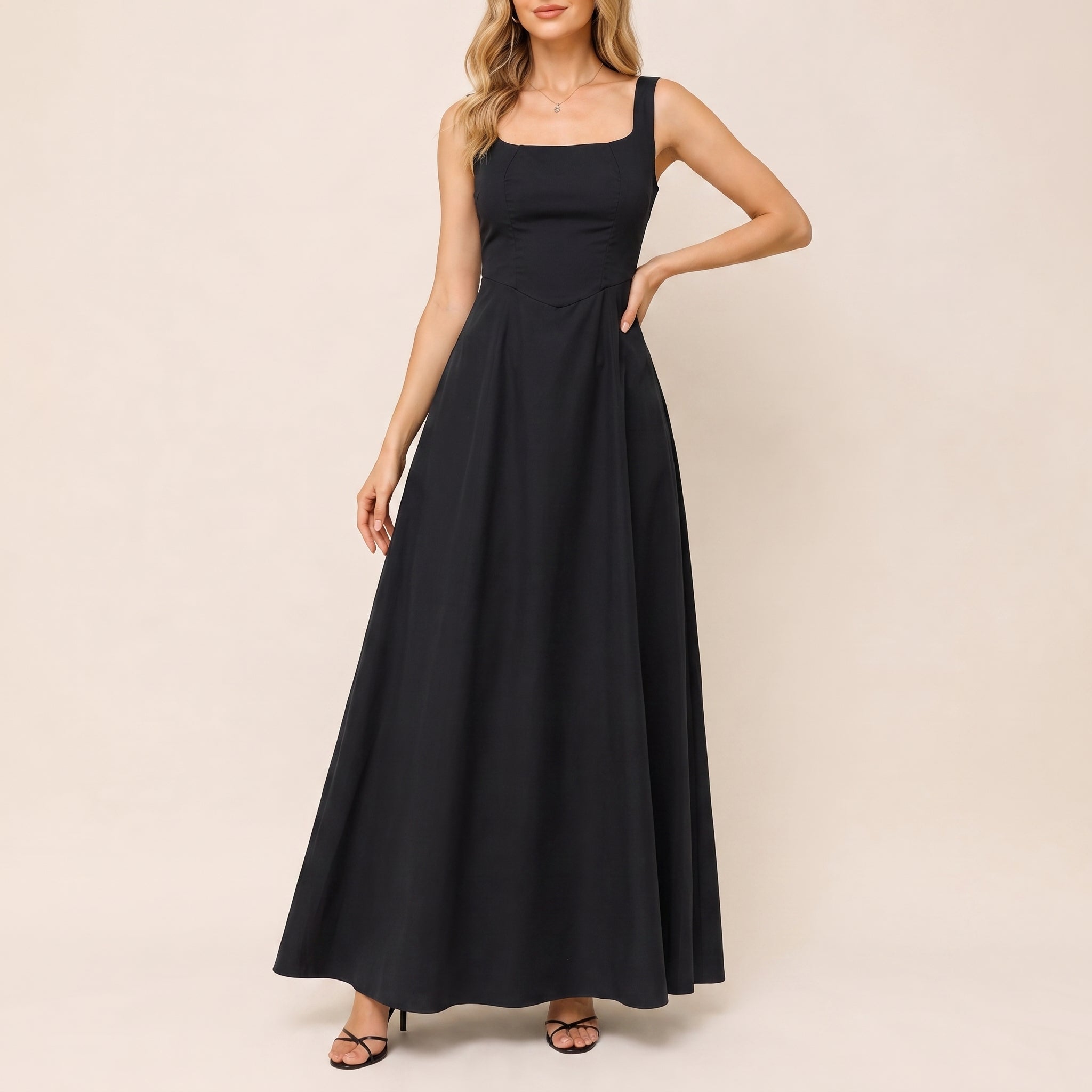 Victoria - Women's Evening Square Neck Ruched Bodice Maxi Dress - Dresses - Black - Parker&Brooks