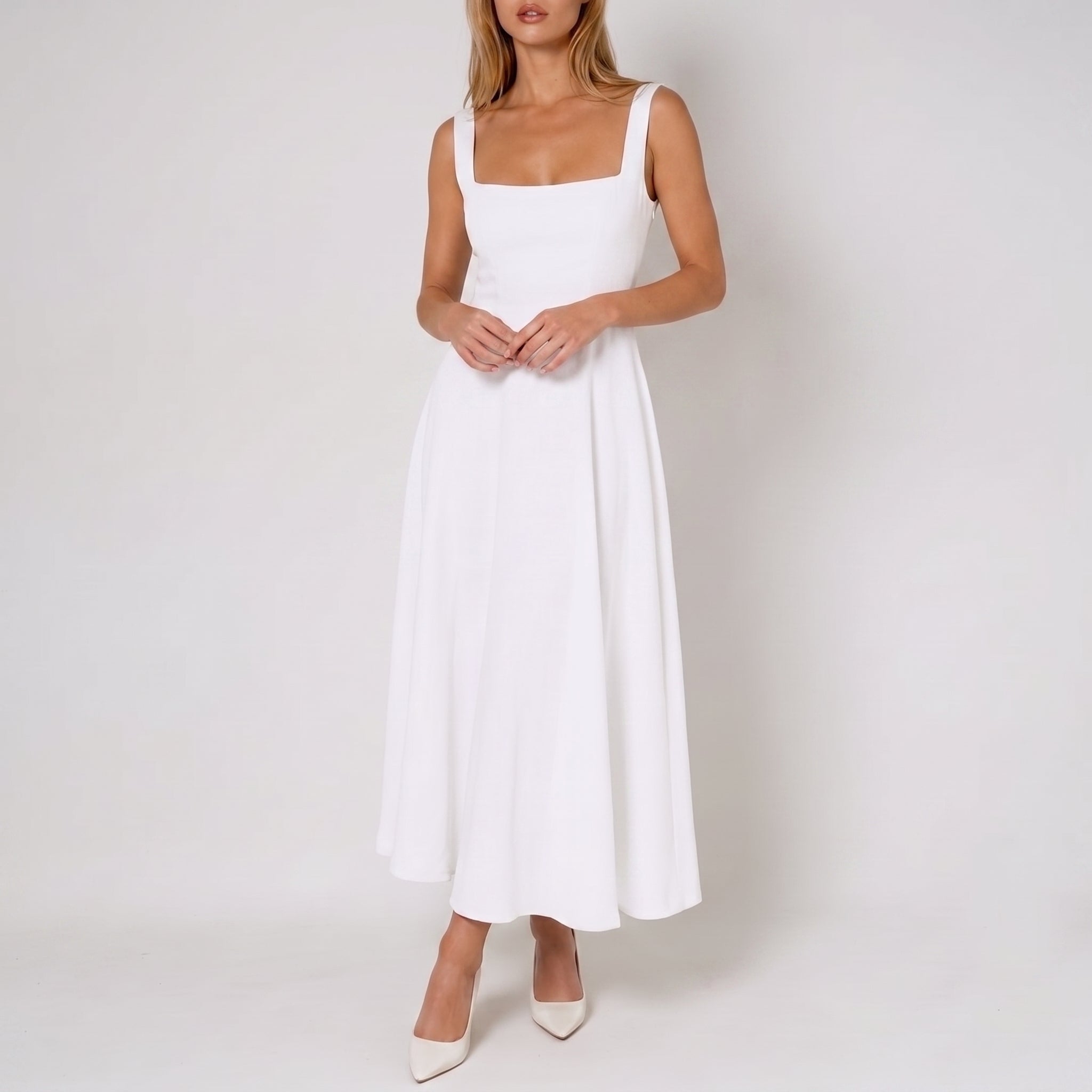 Victoria - Women's Evening Square Neck Ruched Bodice Maxi Dress - Dresses - White - Parker&Brooks