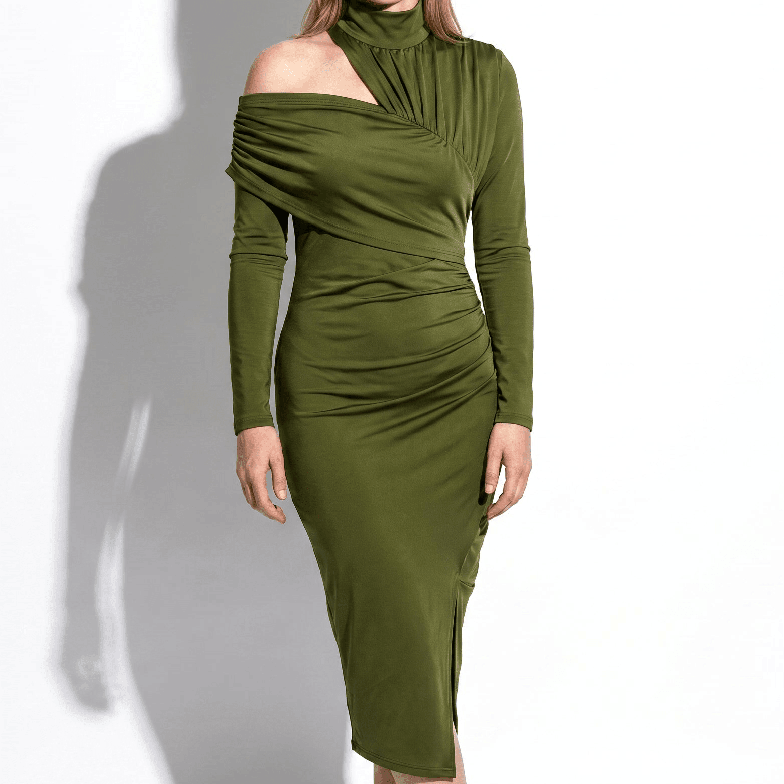 Vivienne - Women's Evening Bodycon Turtleneck Midi Dress - Midi Dress - Olive Green - Parker&Brooks