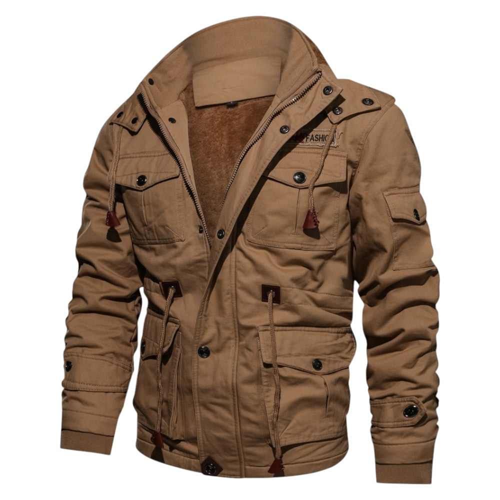 Men’s Winter Cargo Jacket with Faux Fur Lining and Multiple Pockets