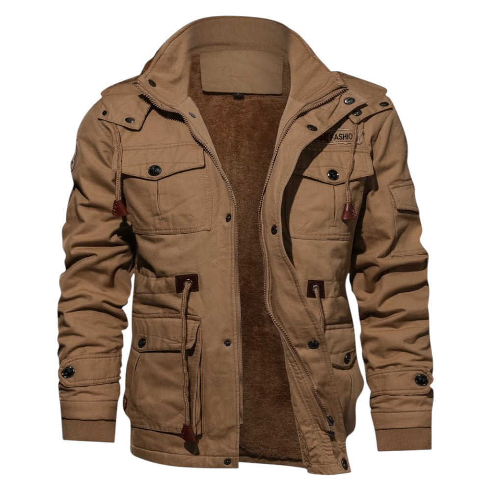 Men’s Winter Cargo Jacket with Faux Fur Lining and Multiple Pockets