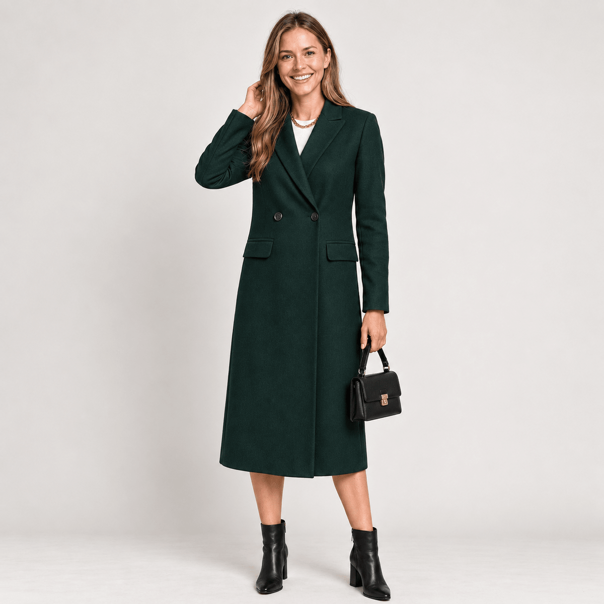 Wiktoria - Women's Tailored Double-Breasted Longline Overcoat with Notched Lapel - Overcoats - Green - Parker&Brooks