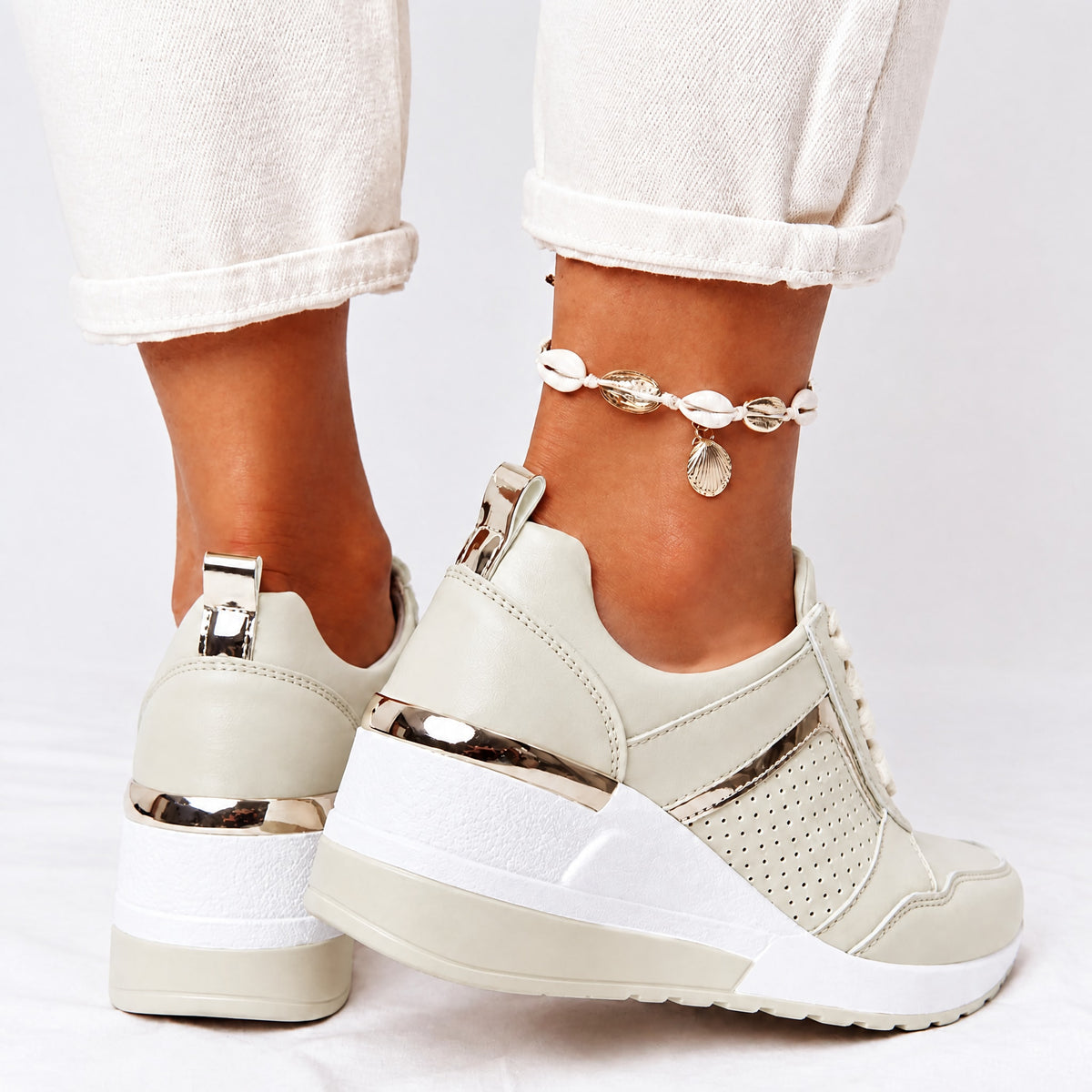 Alice - Women's Orthopedic Wedge Sneakers with Metallic Panel Detail