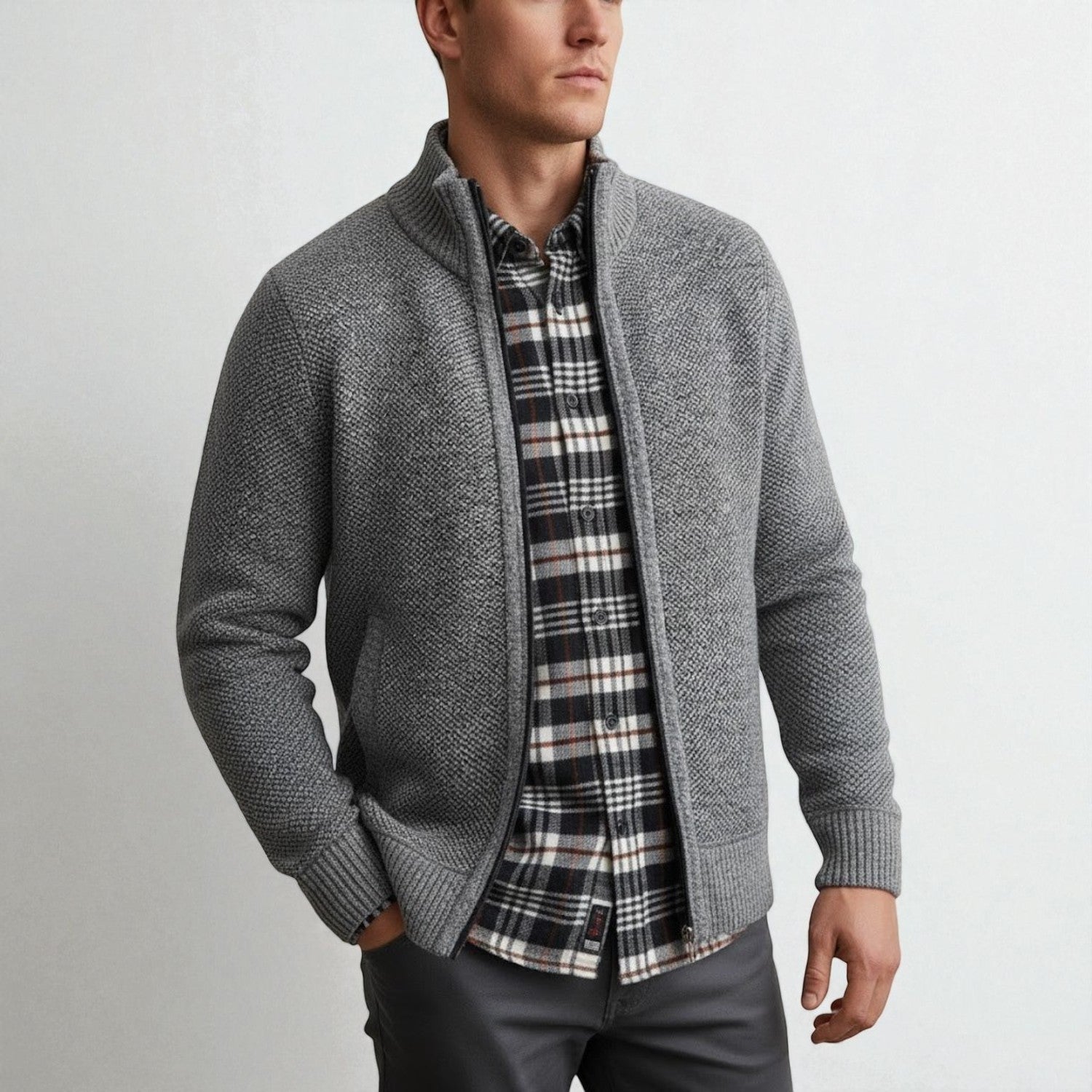 Elias – Men's Cardigan with Zipper & Stand-Up Collar