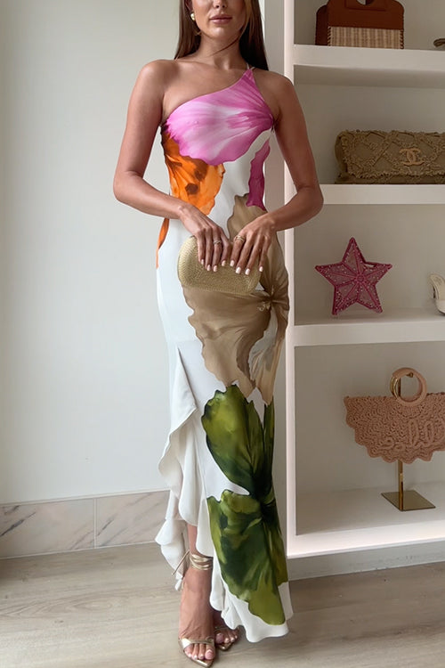 Charlotte - Women's One Shoulder Floral Print Maxi Dress