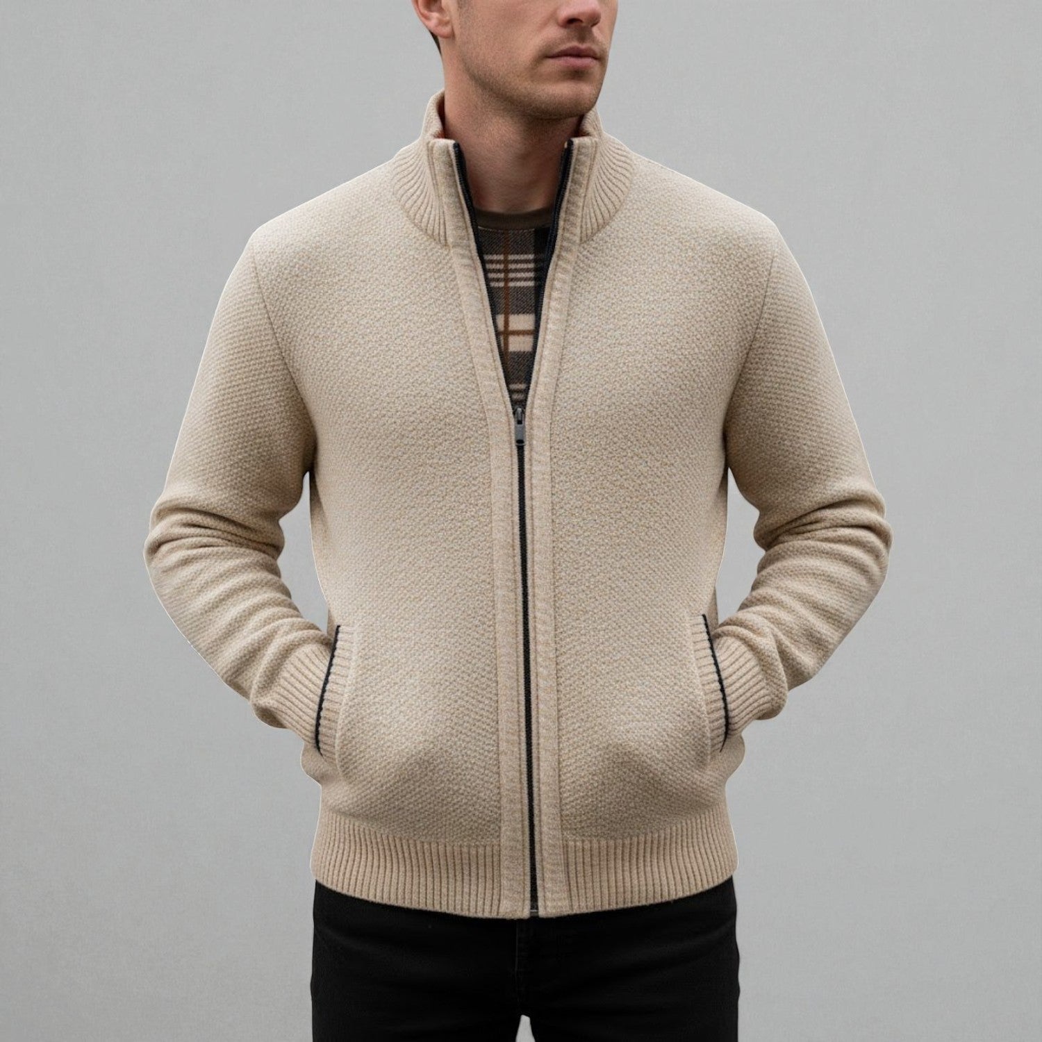 Elias – Men's Cardigan with Zipper & Stand-Up Collar