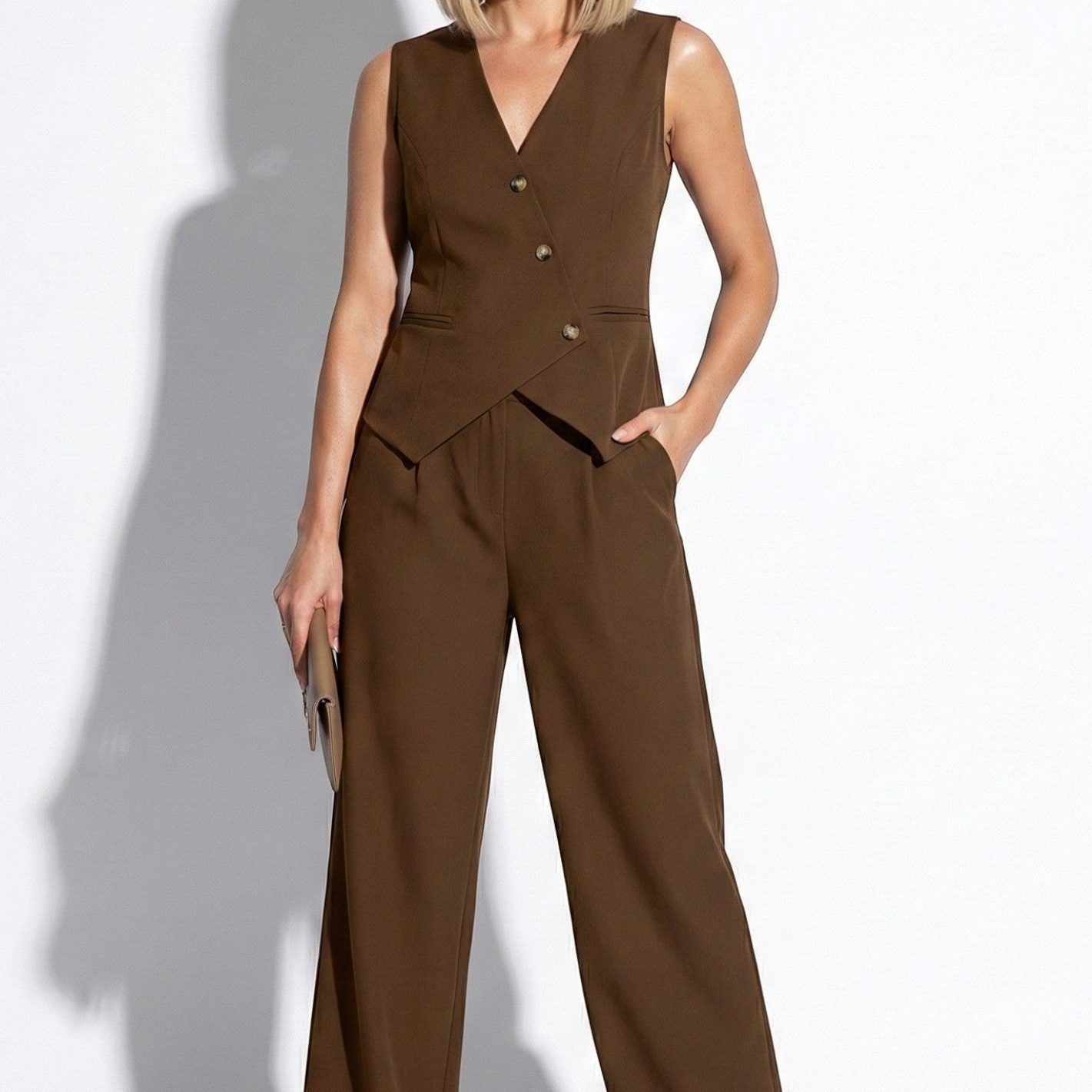 Victoria - Women's Tailored V-Neck Waistcoat and Wide Leg Trouser Set