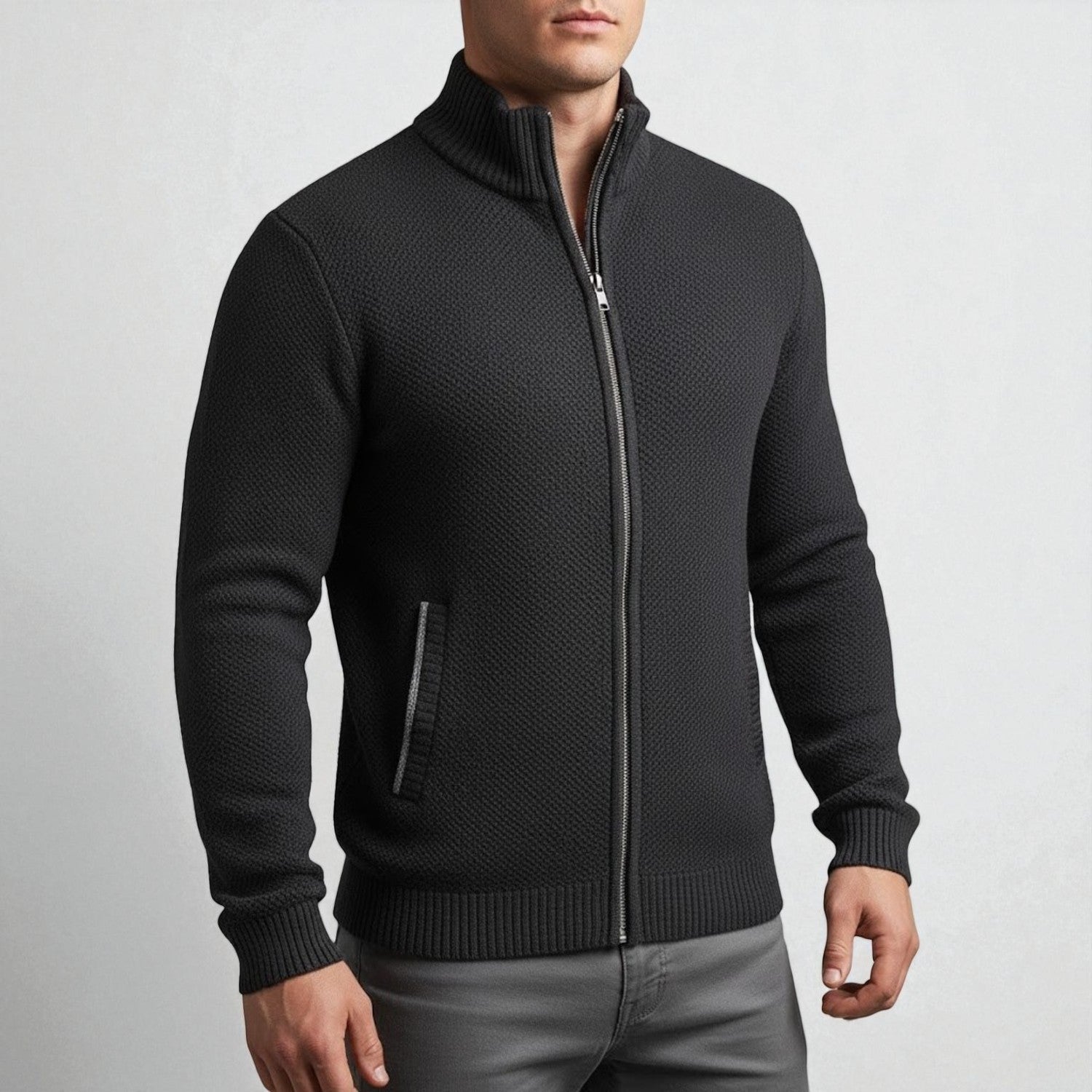 Elias – Men's Cardigan with Zipper & Stand-Up Collar