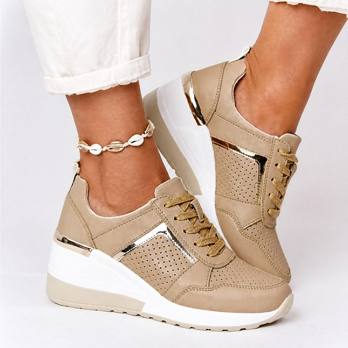 Alice - Women's Orthopedic Wedge Sneakers with Metallic Panel Detail