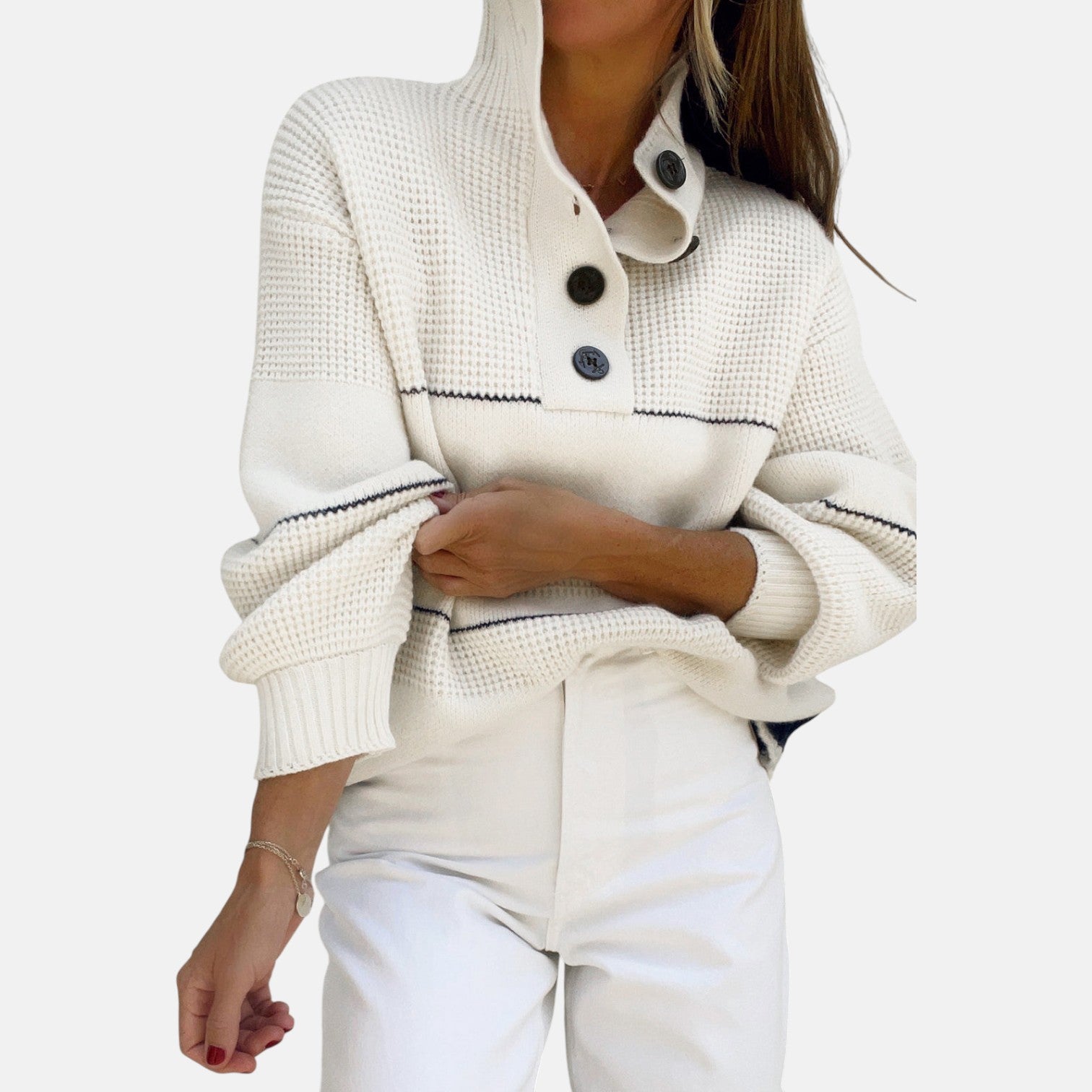 Sana – Women's Knit Sweater with Button Placket & Open Collar