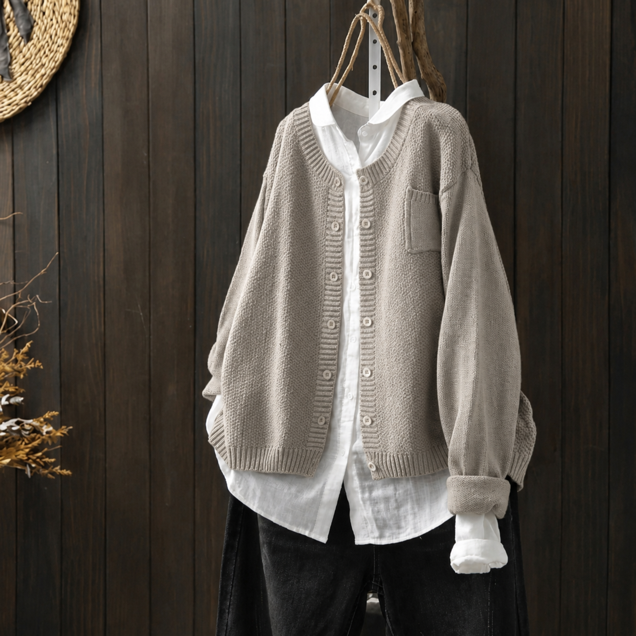 Margaret - Women's Oversized Button-Front Cardigan with Chest Pocket