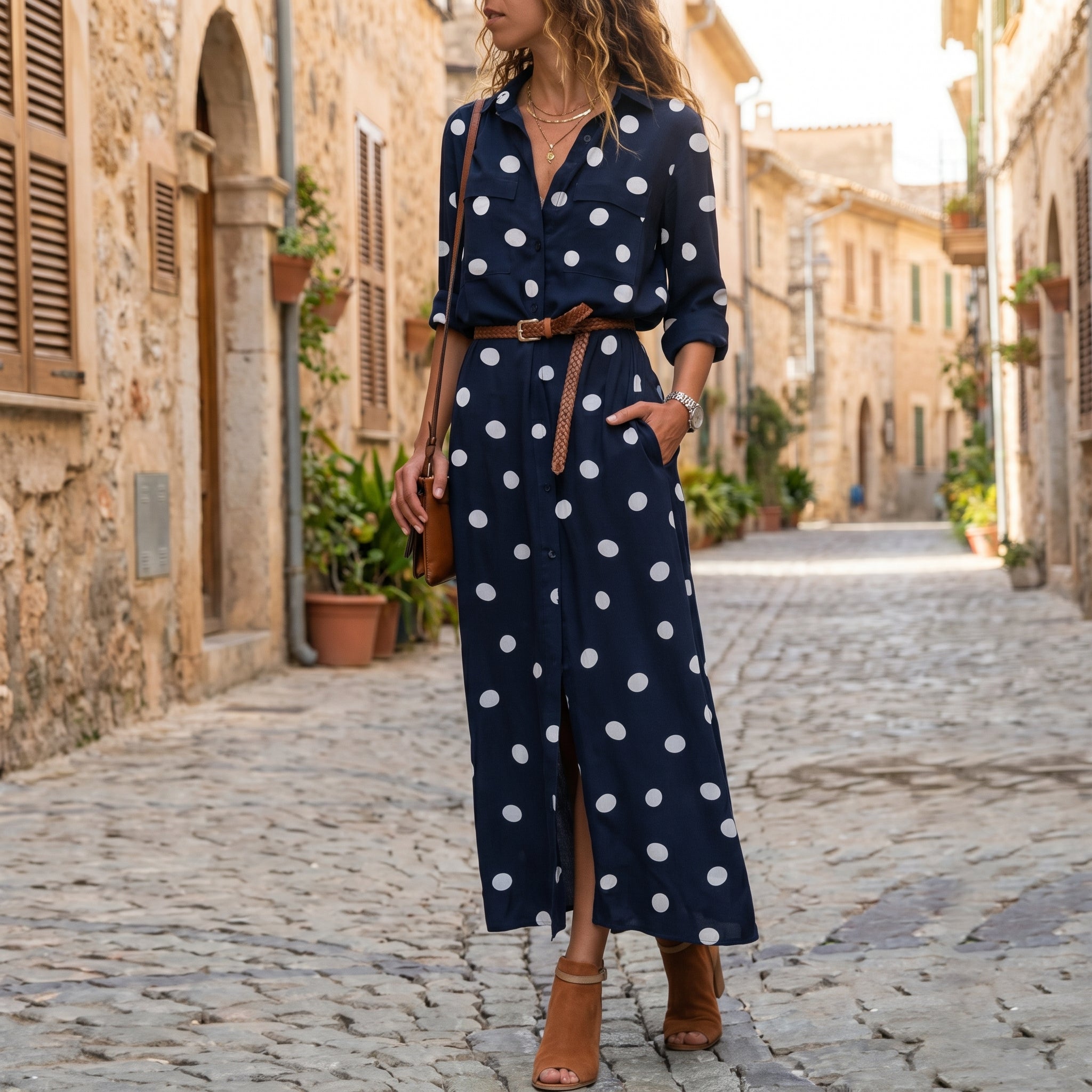 Georgia - Women's Summer Polka Dot Collared Shirt Maxi Dress