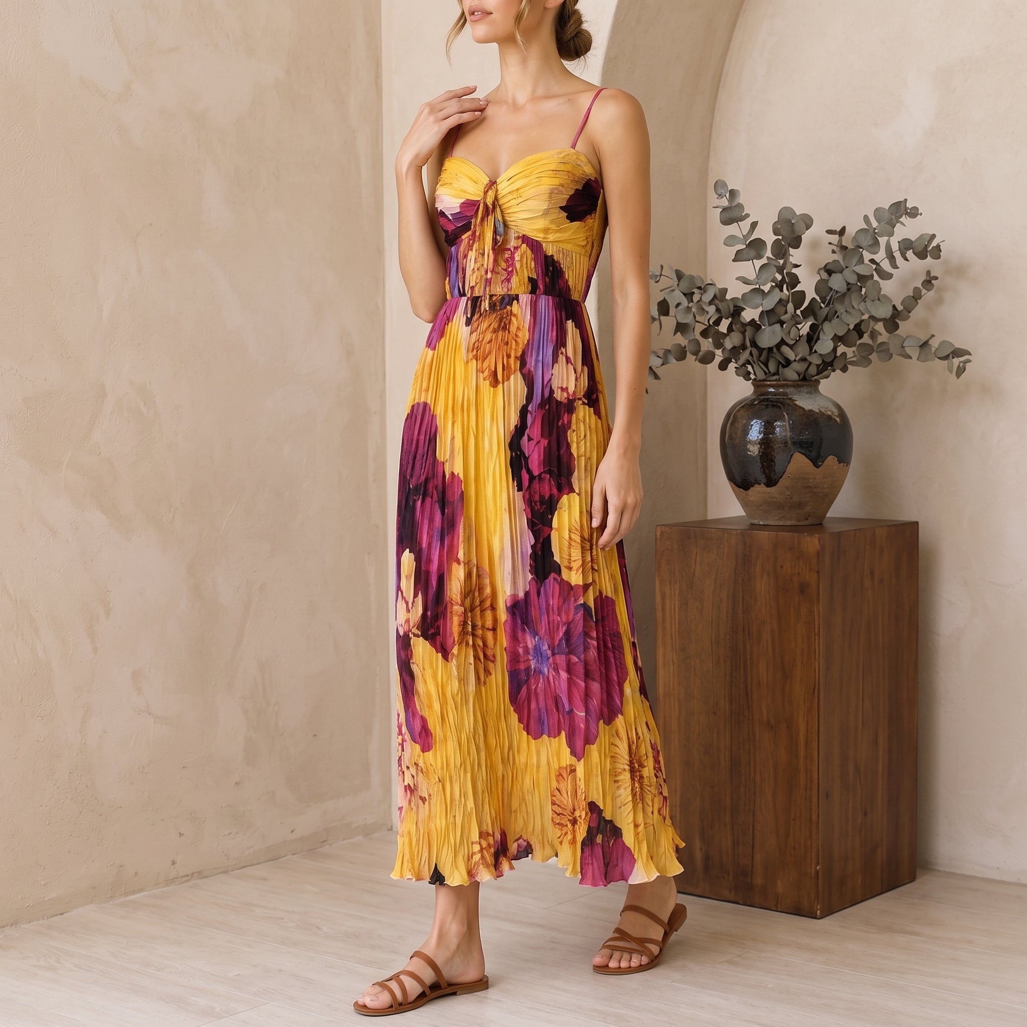 Leonie - Women's Summer Floral Pleated Sweetheart Maxi Dress