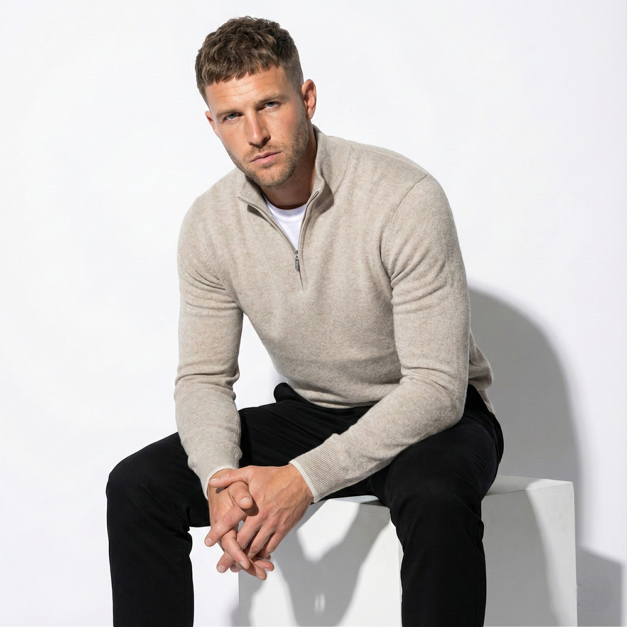 Men's Quarter-Zip Pullover Sweater with Stand Collar