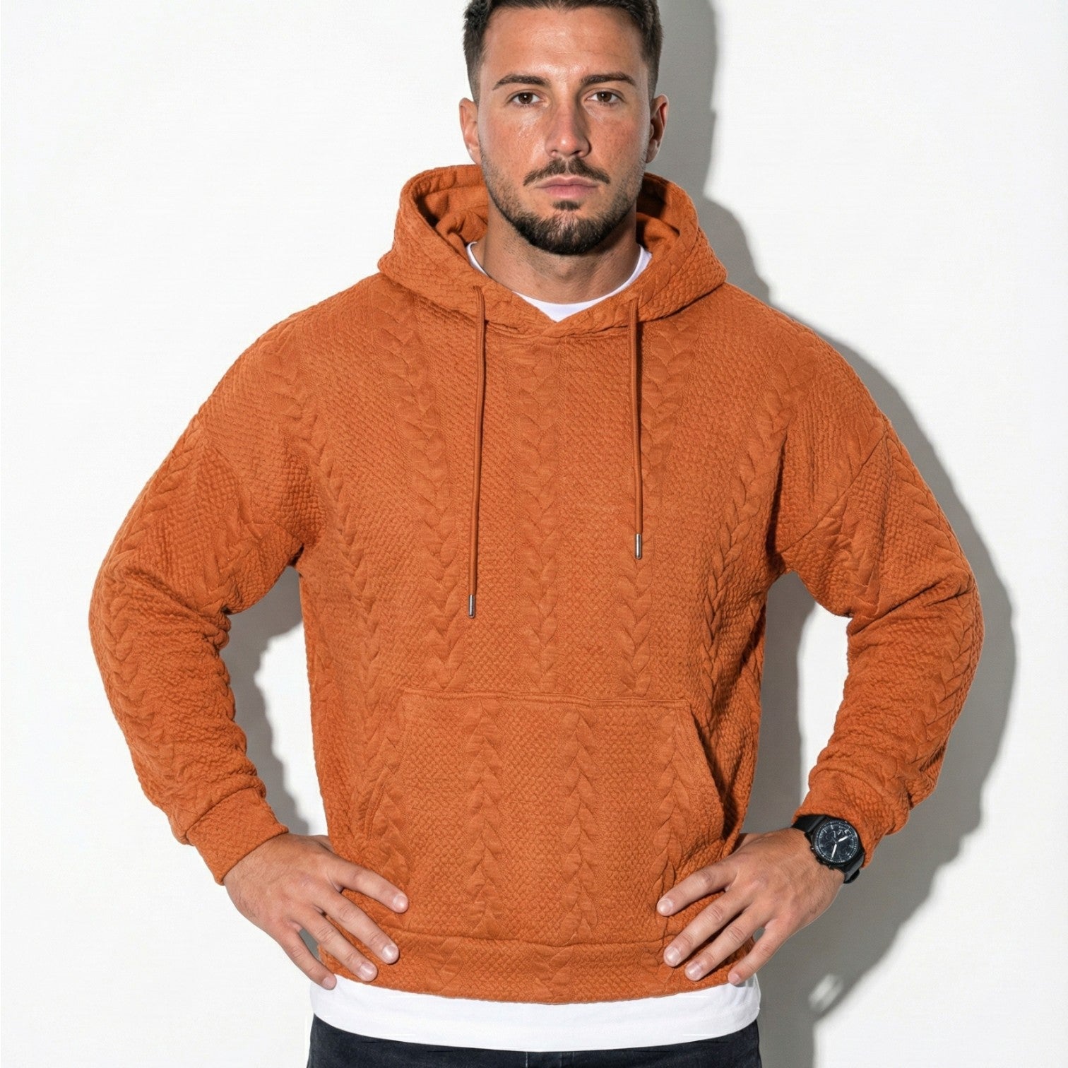 Men's Oversized Knit Hoodie with Drawstring Hood