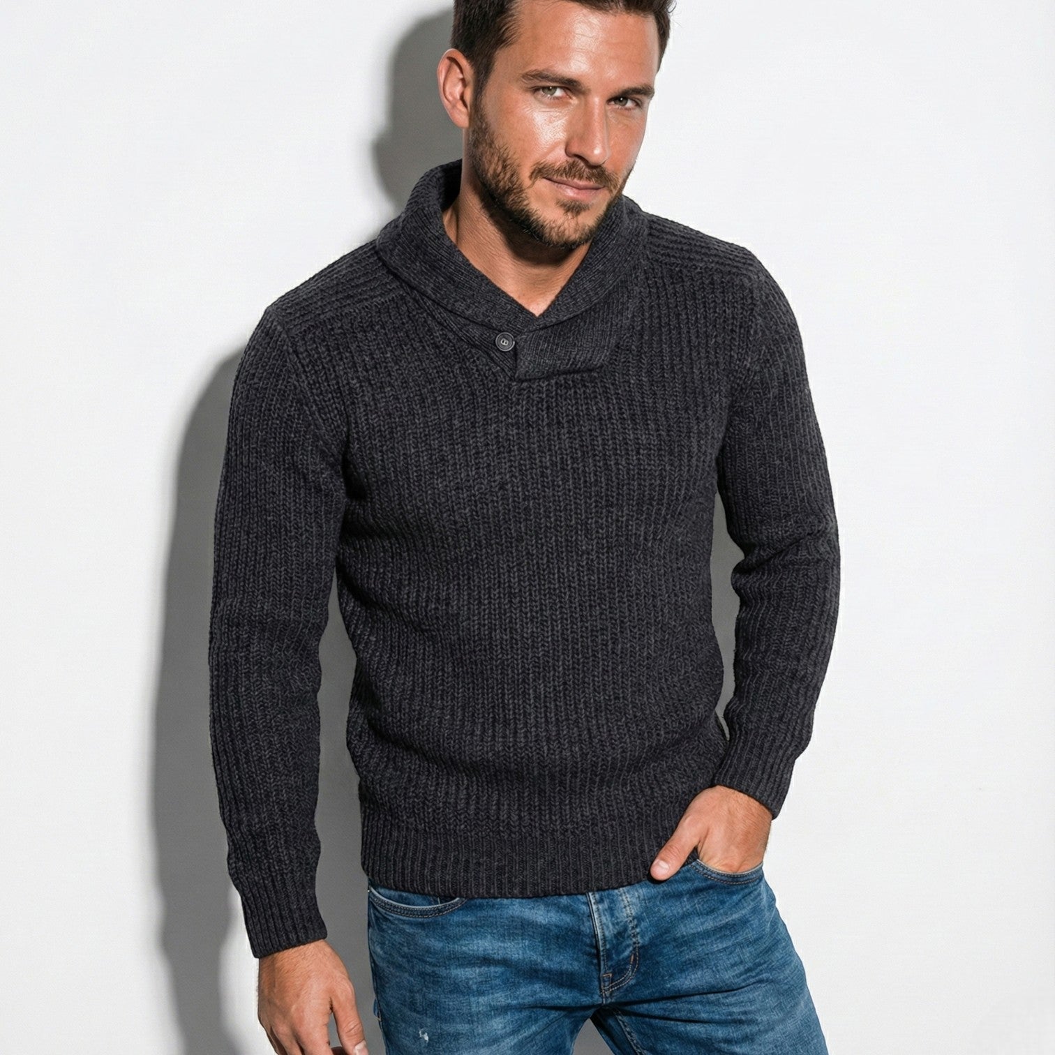 Men’s Ribbed Knit Sweater with Shawl Collar