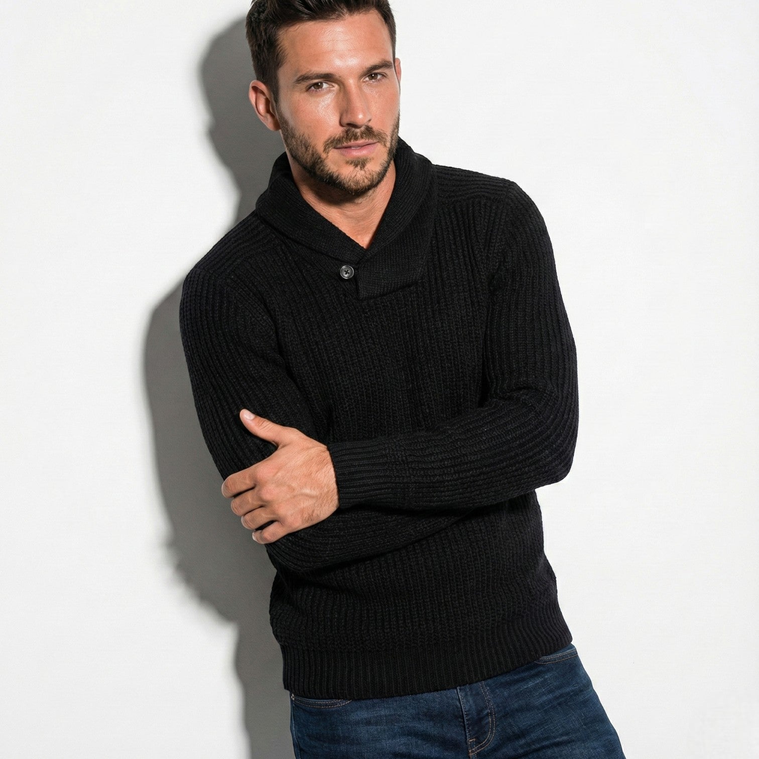 Men’s Ribbed Knit Sweater with Shawl Collar