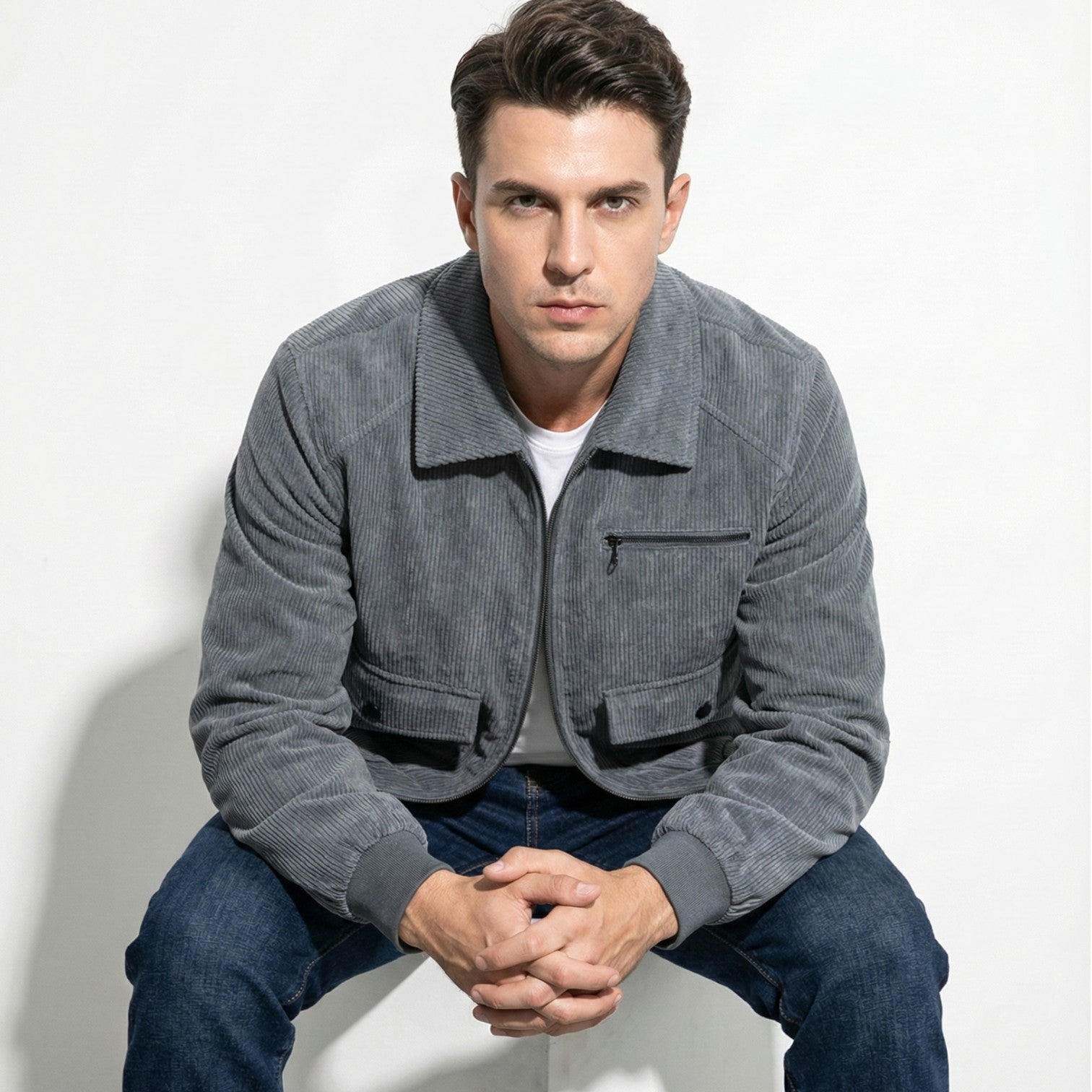 Men's Full-zipped Corduroy Jacket with Front Pockets