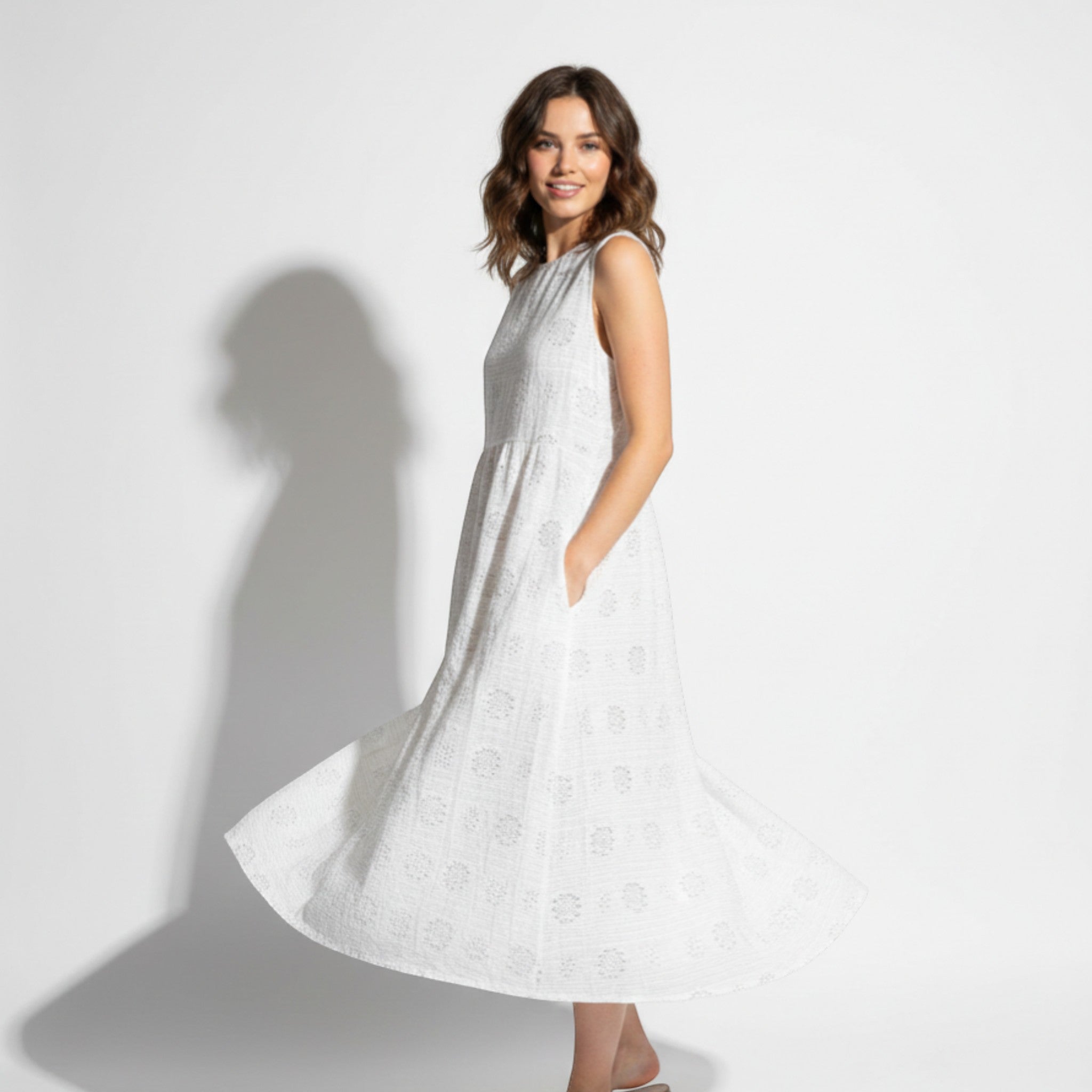 Ivy - Women's Sleeveless Midi Dress with Floral Embroidery