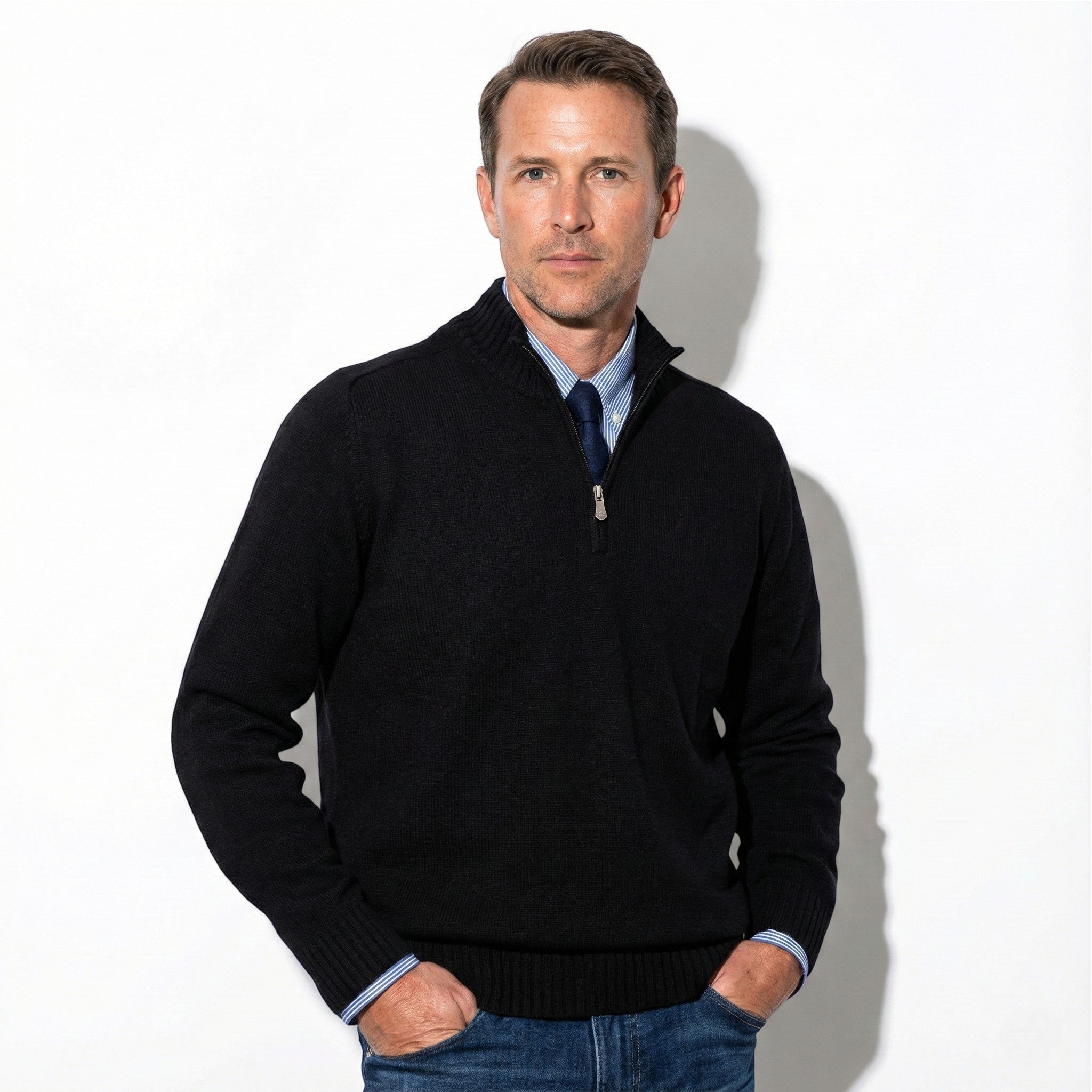 Men’s Quarter-Zip Sweater with Mock Neck and Ribbed Cuffs