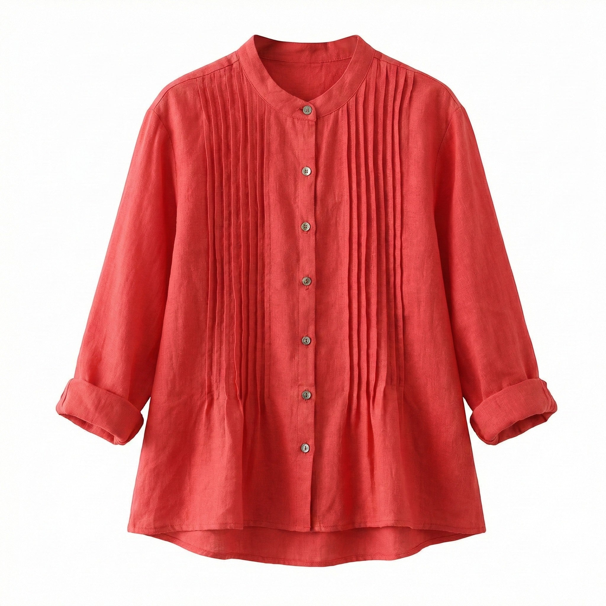 Florence - Women's Long Sleeve Pleated Blouse with Stand Collar