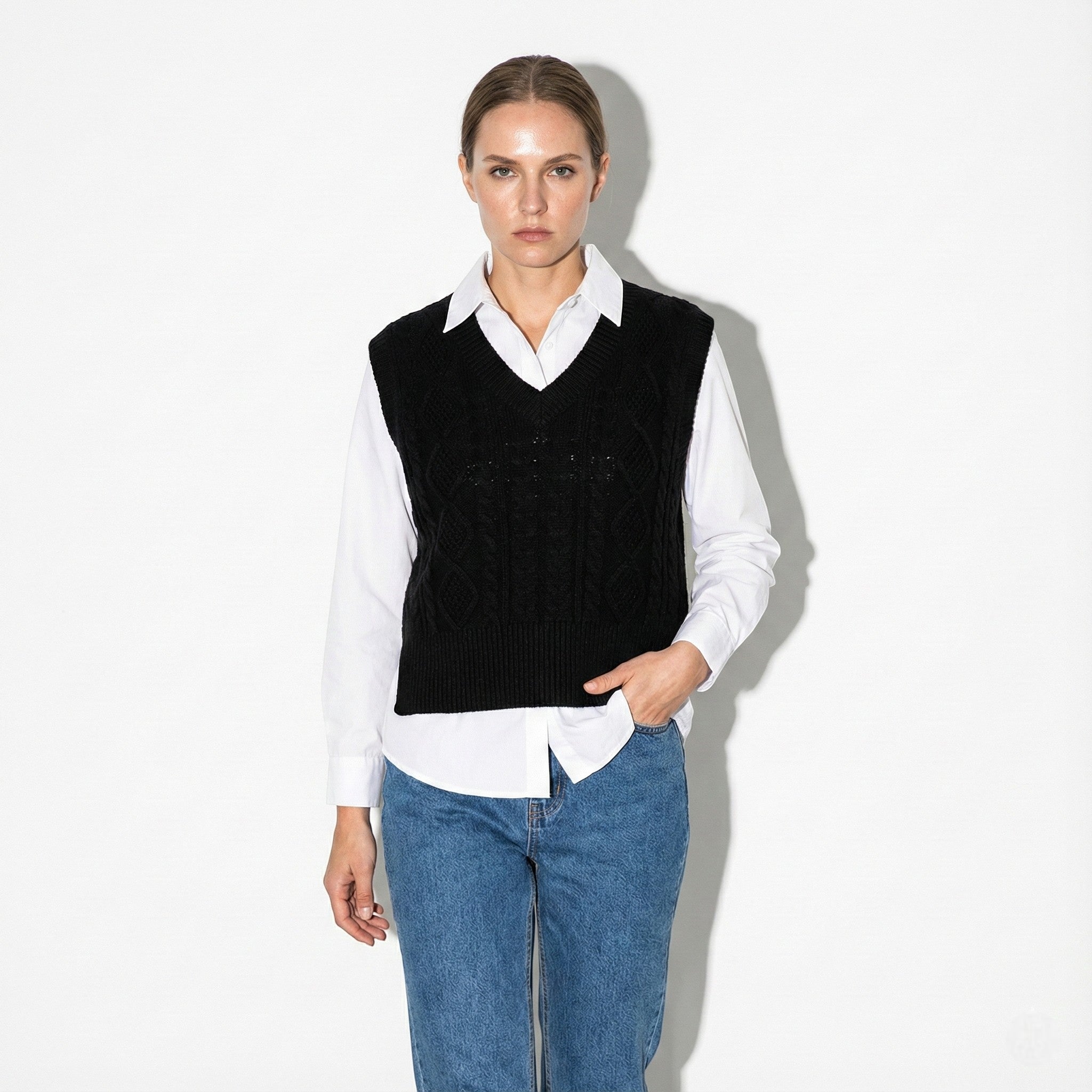 Women's V-Neck Sweater Vest with Cable Knit