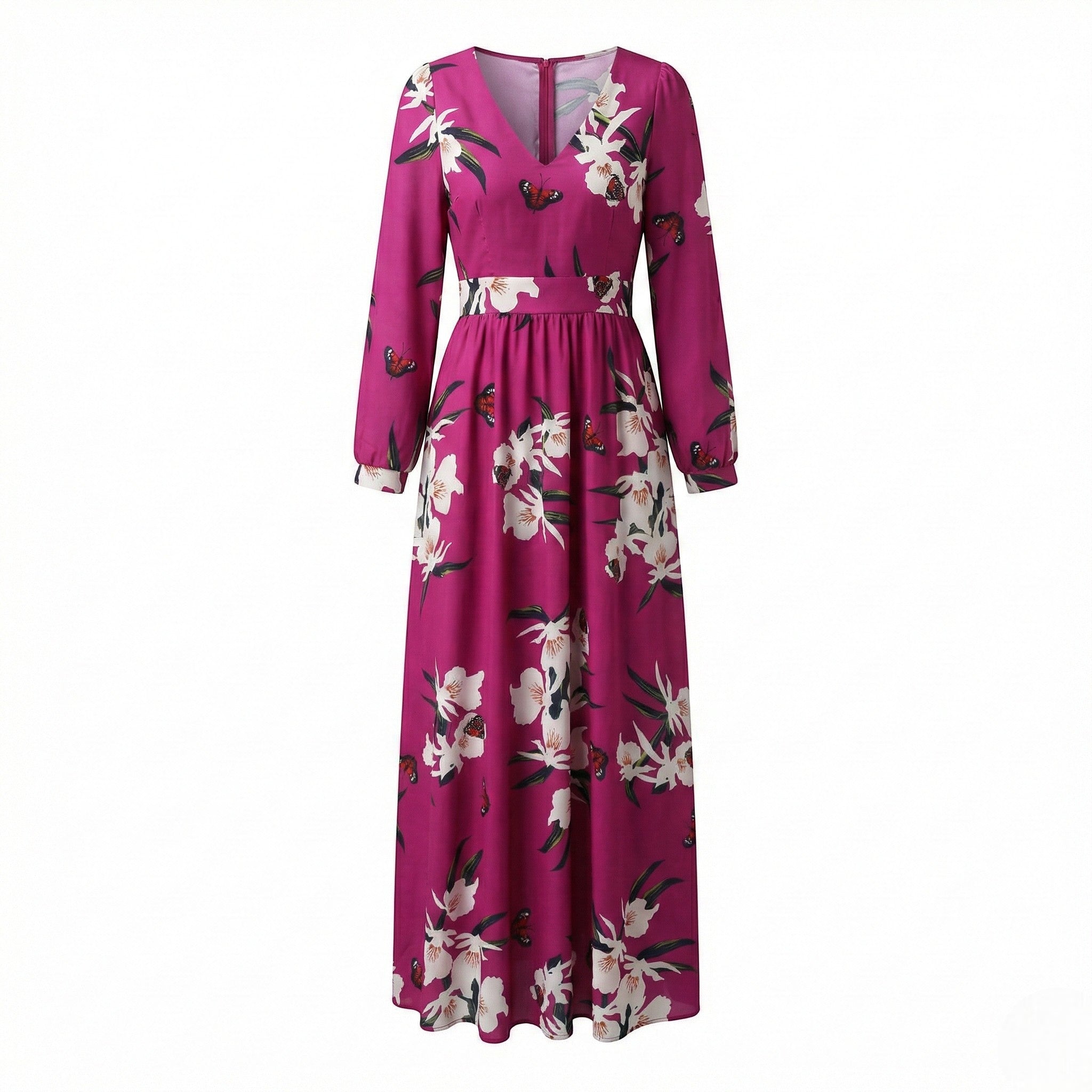 Rachel - Women's Floral V-Neck Maxi Dress with Long Sleeves