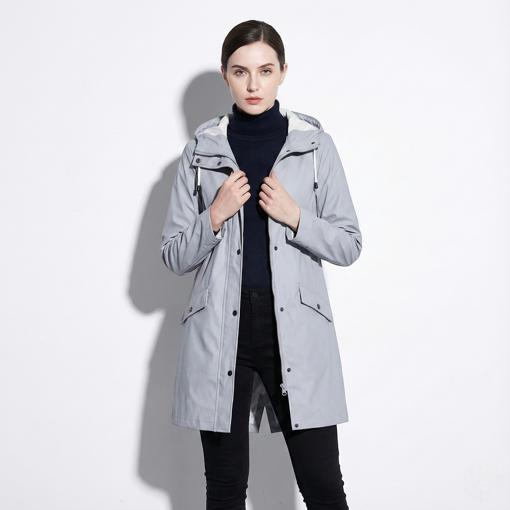 Women's Mid-Length Water-repellent Jacket with Drawstring Hood