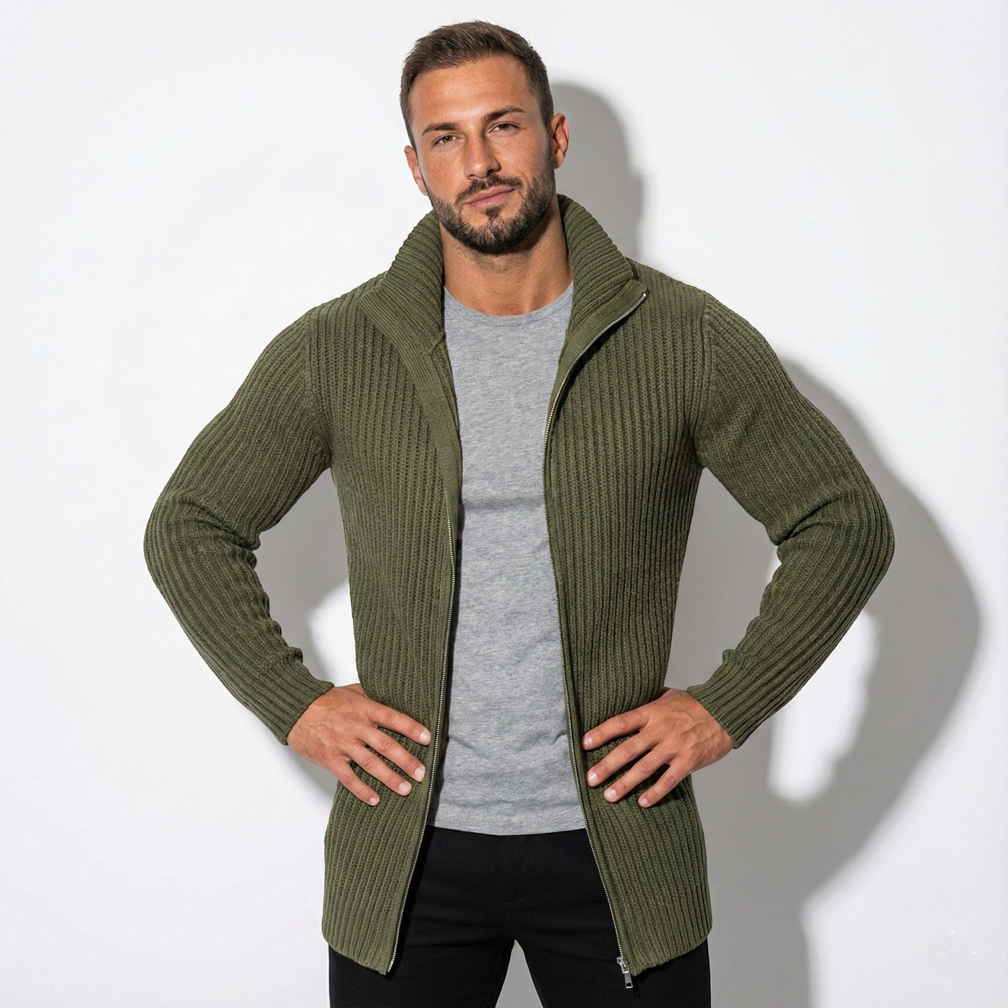 Men's Slim Fit Knit Cardigan with Zipper Closure and Stand Collar