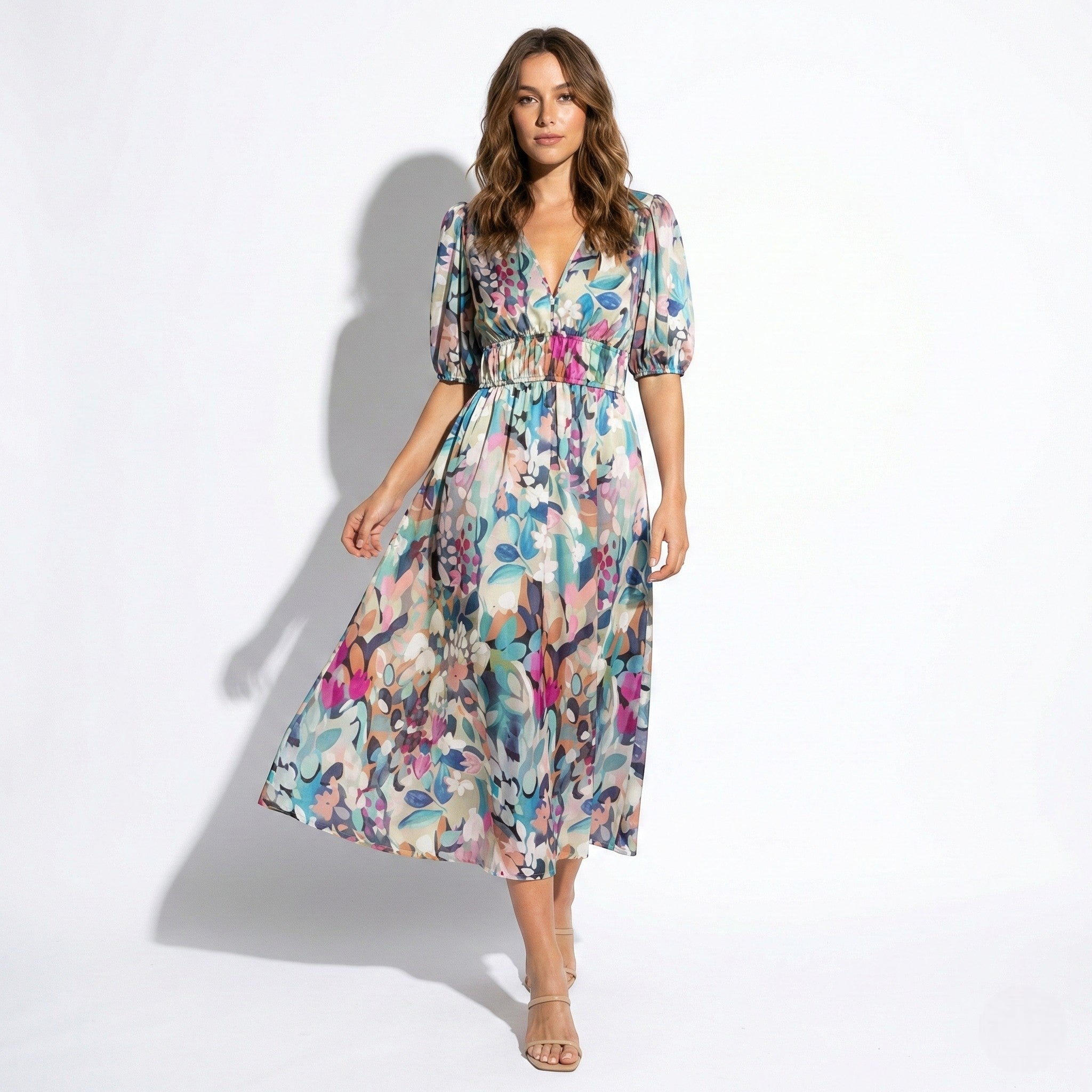Amelia - Women's Floral Midi Dress with Puff Sleeves