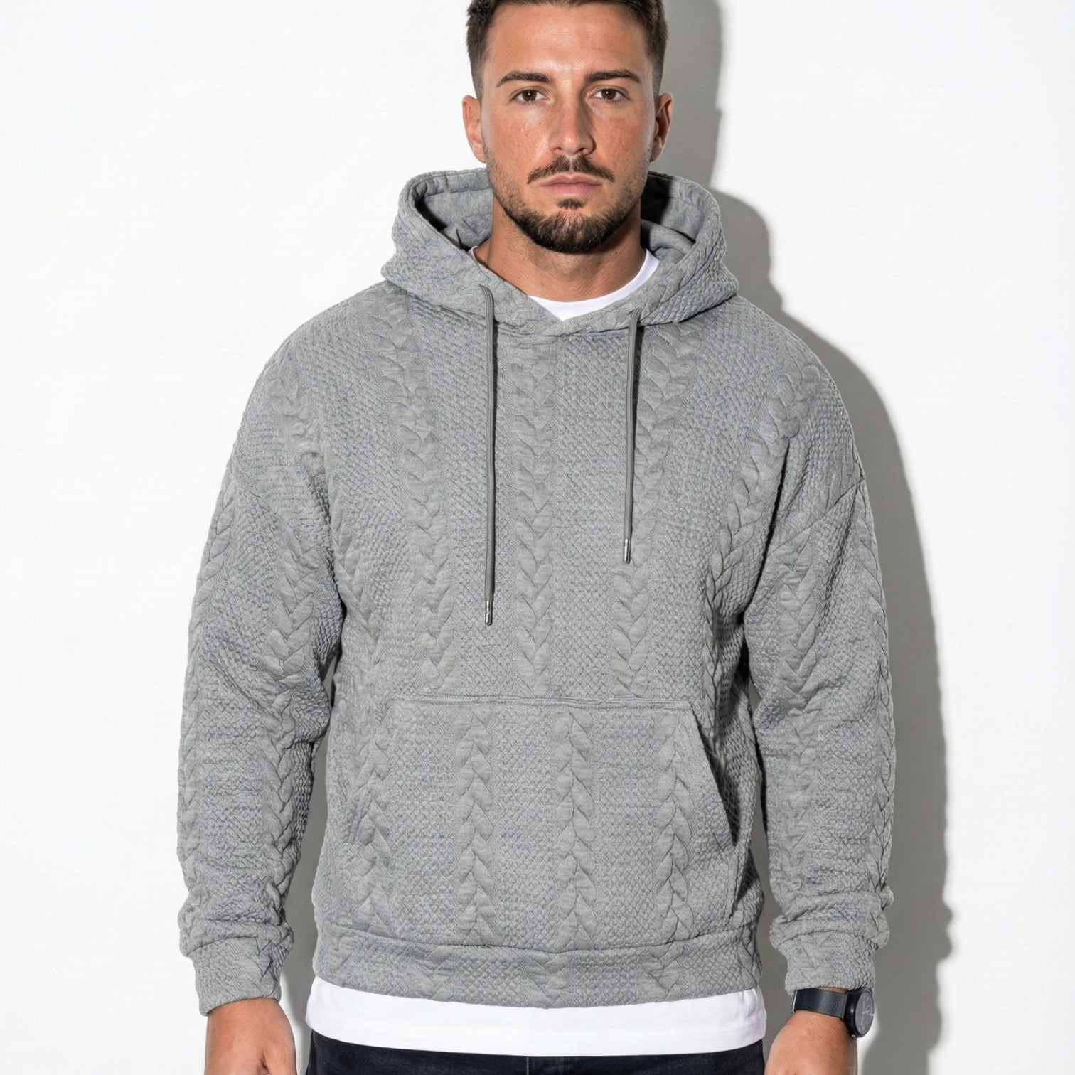 Men's Oversized Knit Hoodie with Drawstring Hood