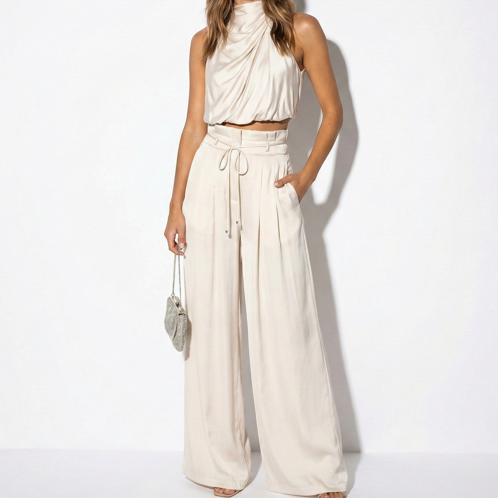 Eleanor - Women’s Sleeveless Halter Neck Top and Wide Leg Trouser Set