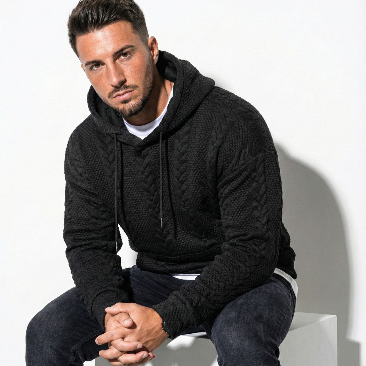 Men's Oversized Knit Hoodie with Drawstring Hood