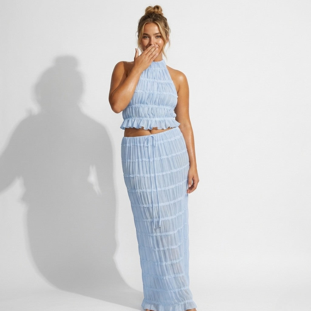 Freya - Women's Two Piece Halter Neck Top and Maxi Skirt Set