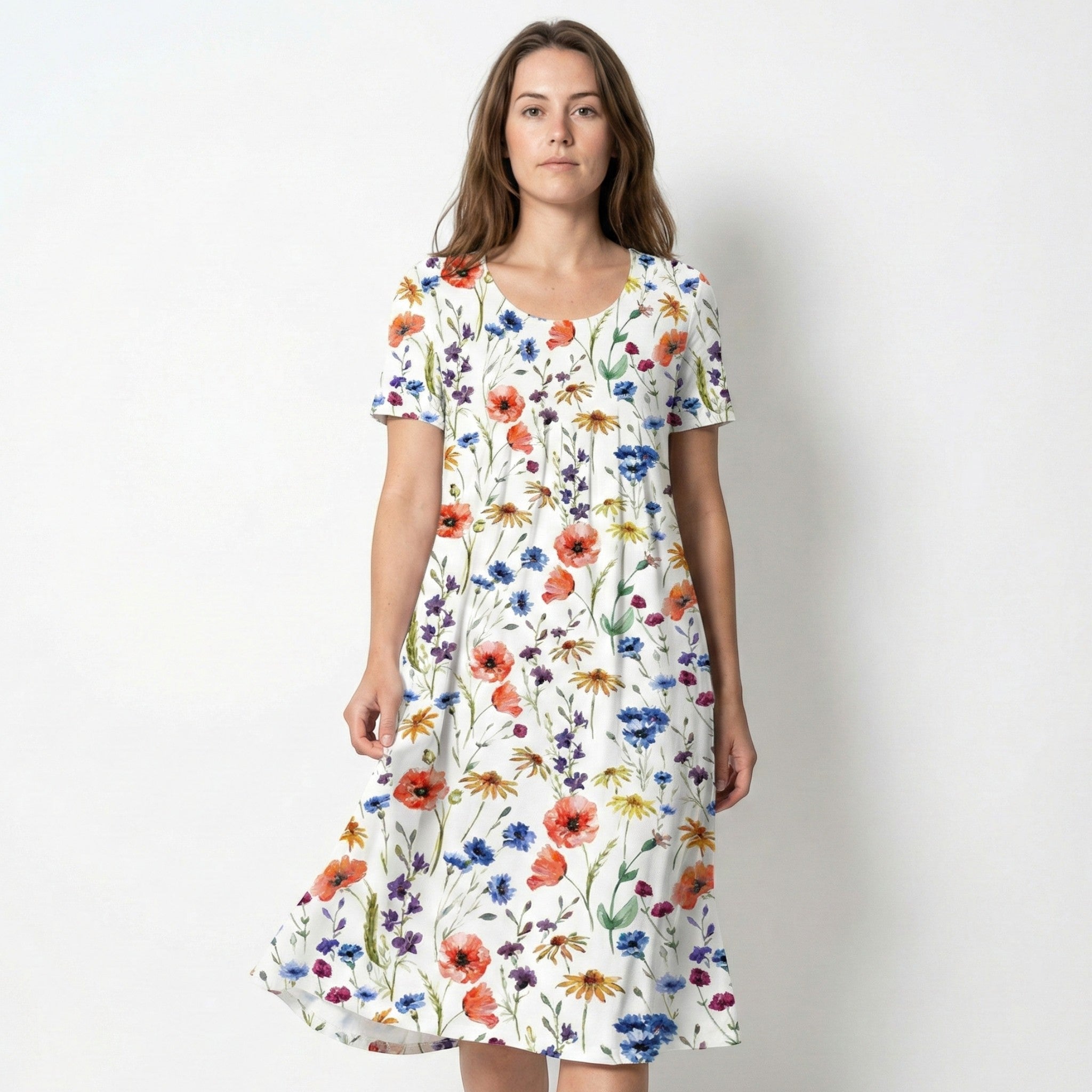 Daisy - Women's Floral Midi Dress with Short Sleeves