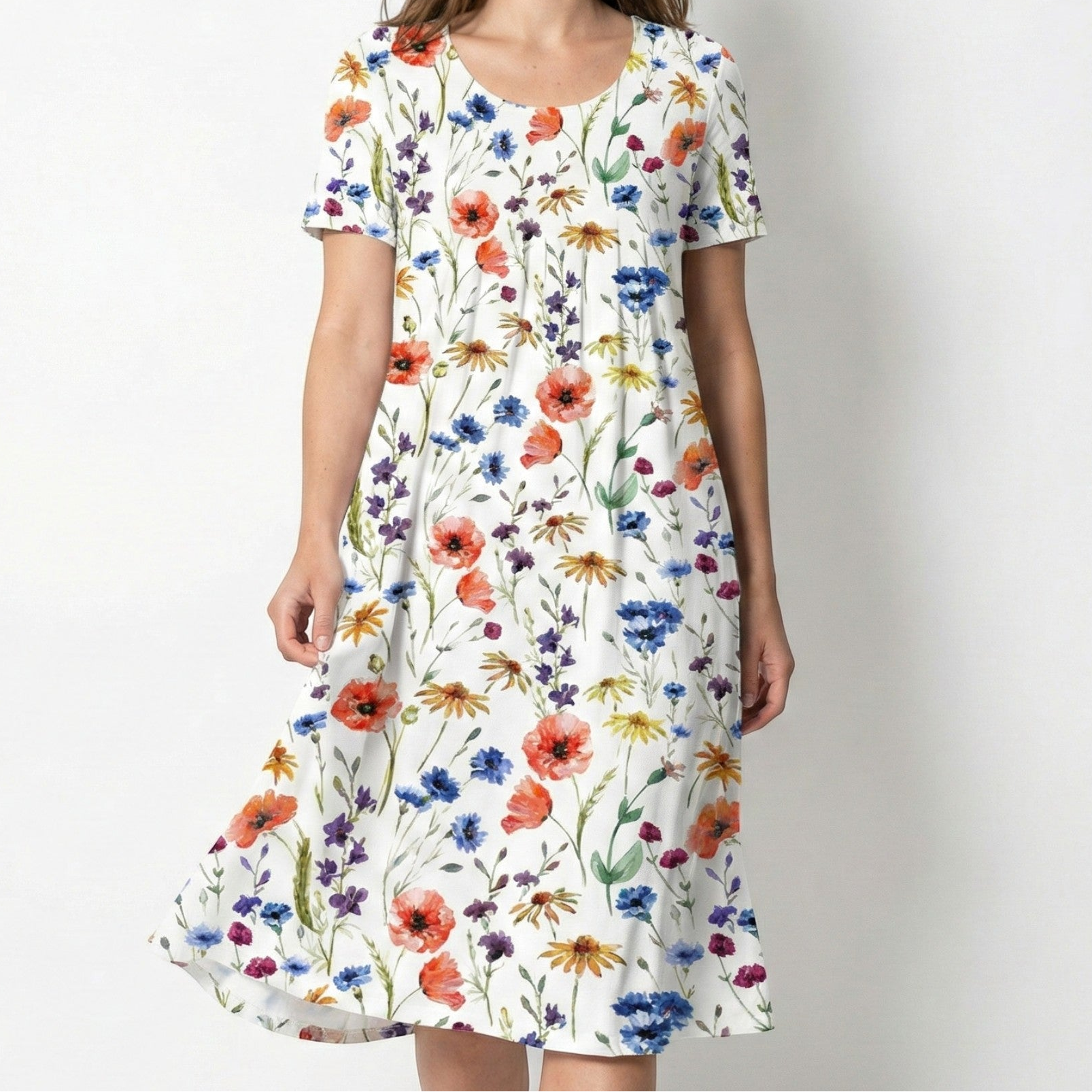 Daisy - Women's Floral Midi Dress with Short Sleeves