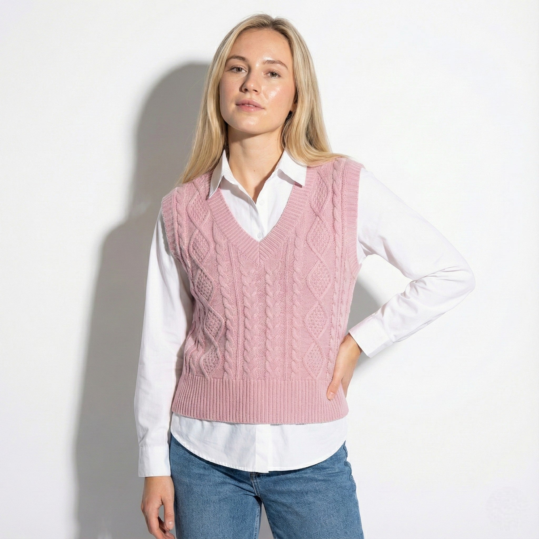 Women's V-Neck Sweater Vest with Cable Knit