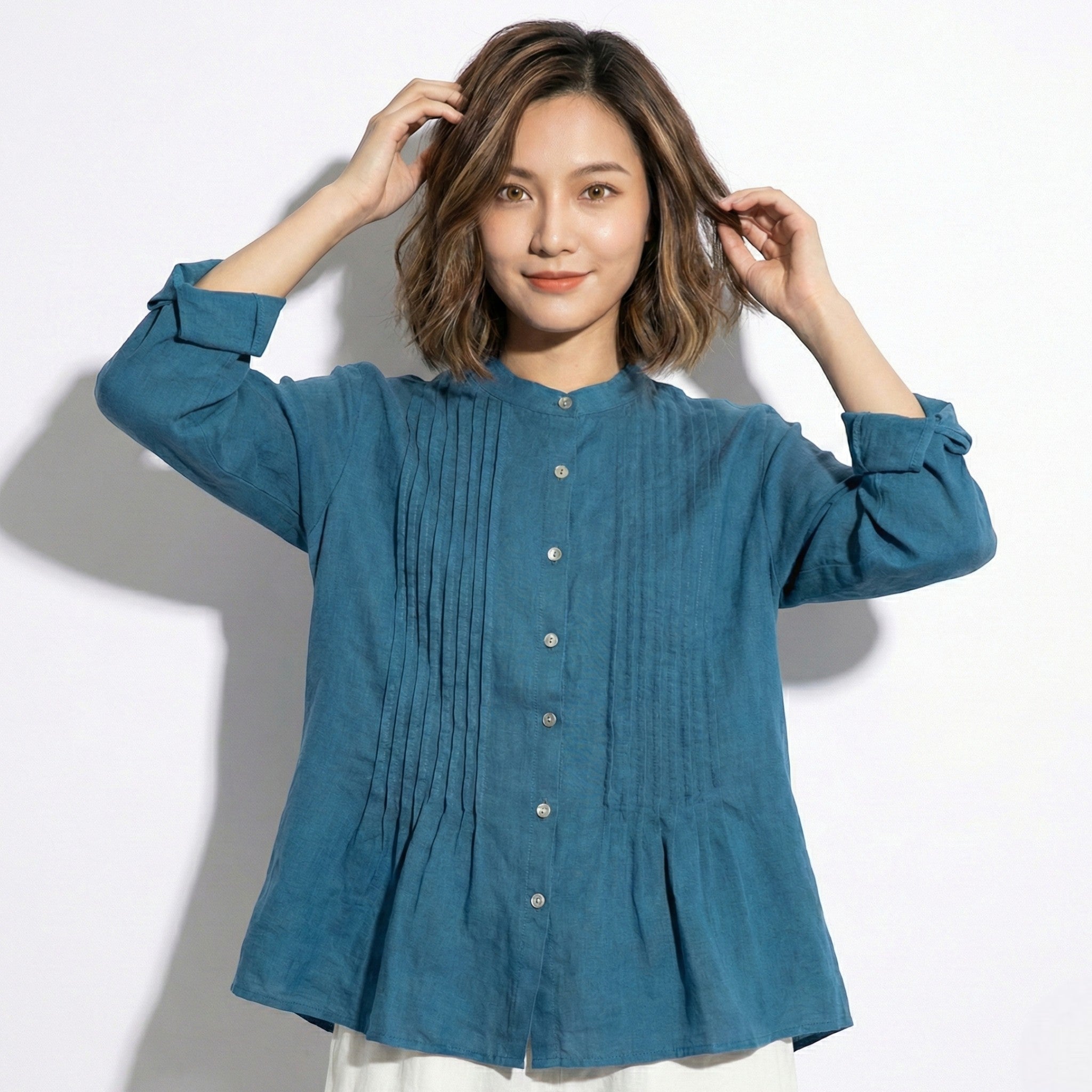 Florence - Women's Long Sleeve Pleated Blouse with Stand Collar