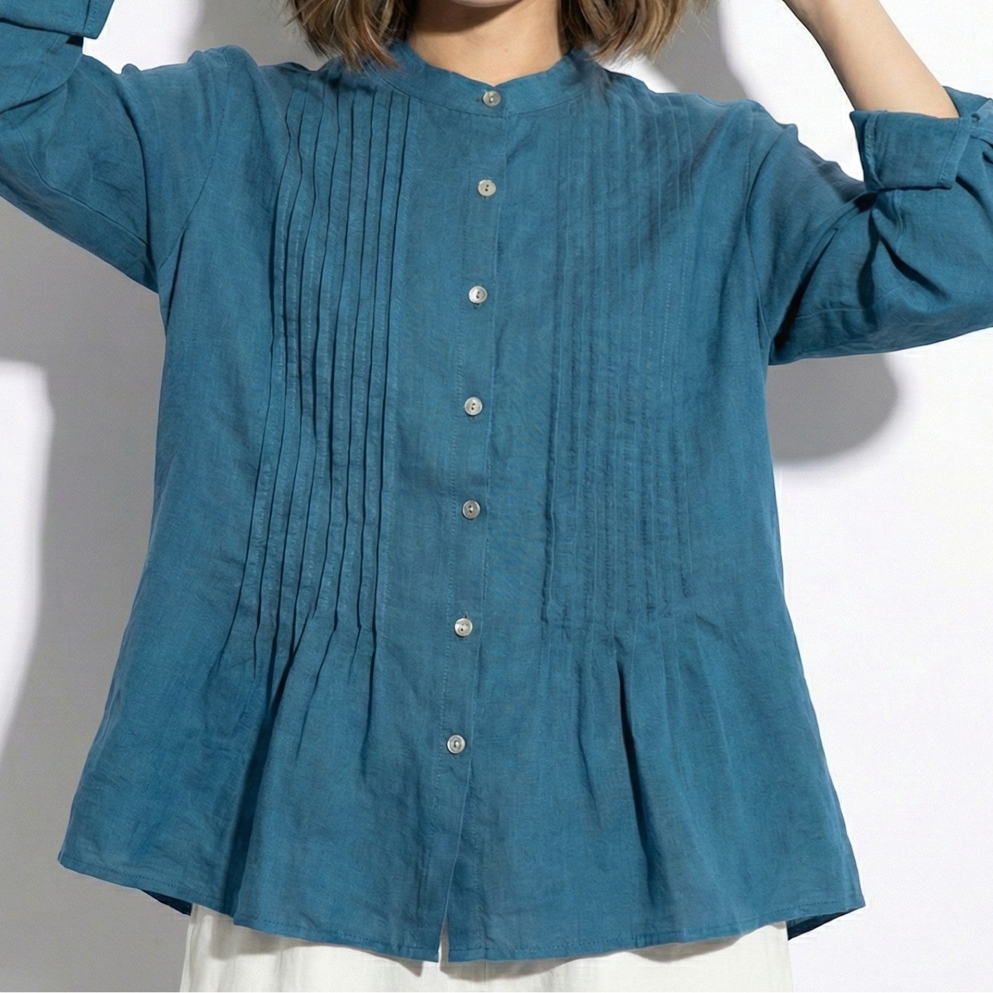 Florence - Women's Long Sleeve Pleated Blouse with Stand Collar