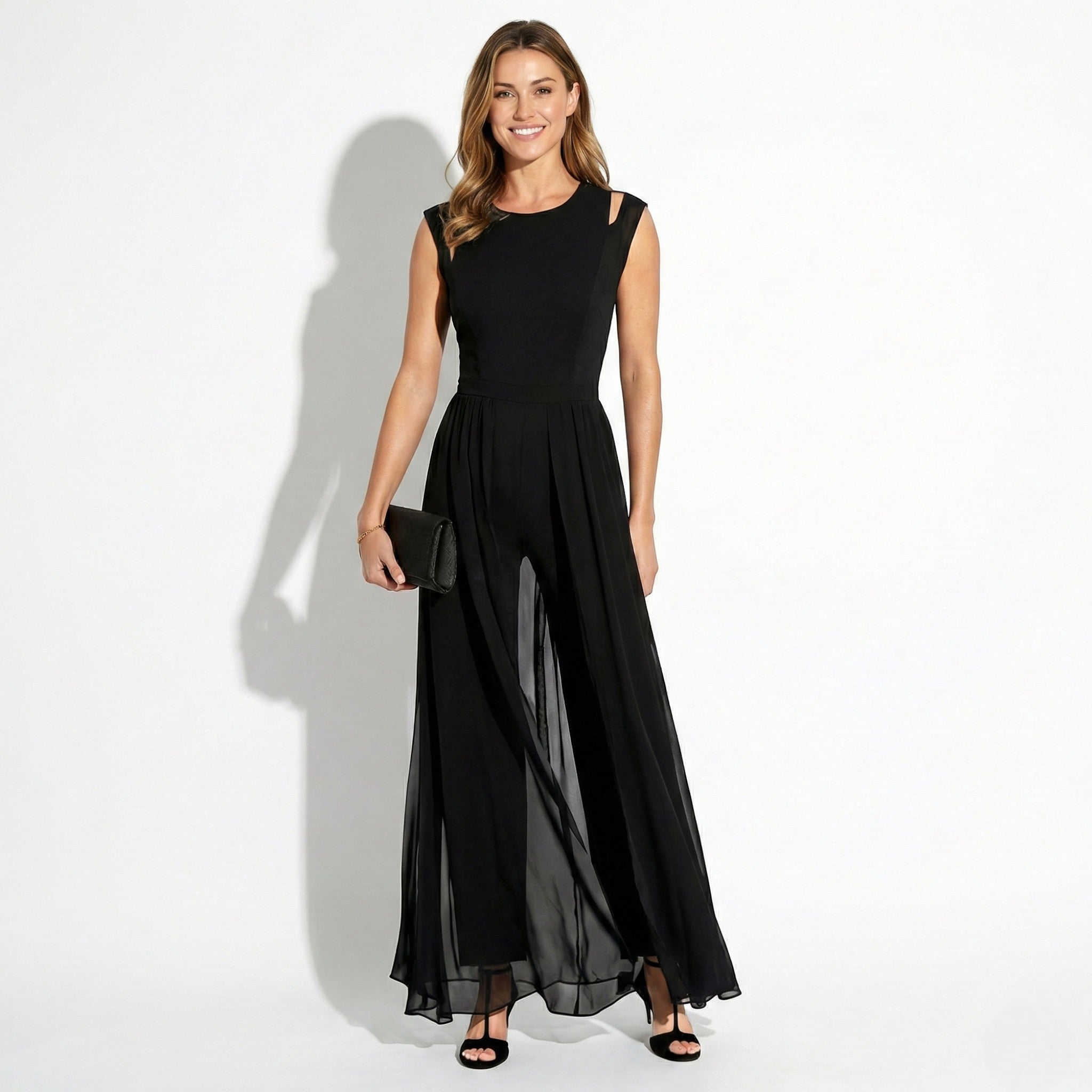 Eleanor - Women’s Sleeveless Evening Jumpsuit with Chiffon Overlay