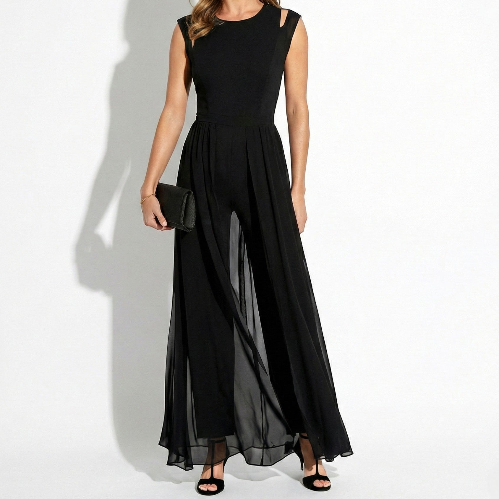 Eleanor - Women’s Sleeveless Evening Jumpsuit with Chiffon Overlay