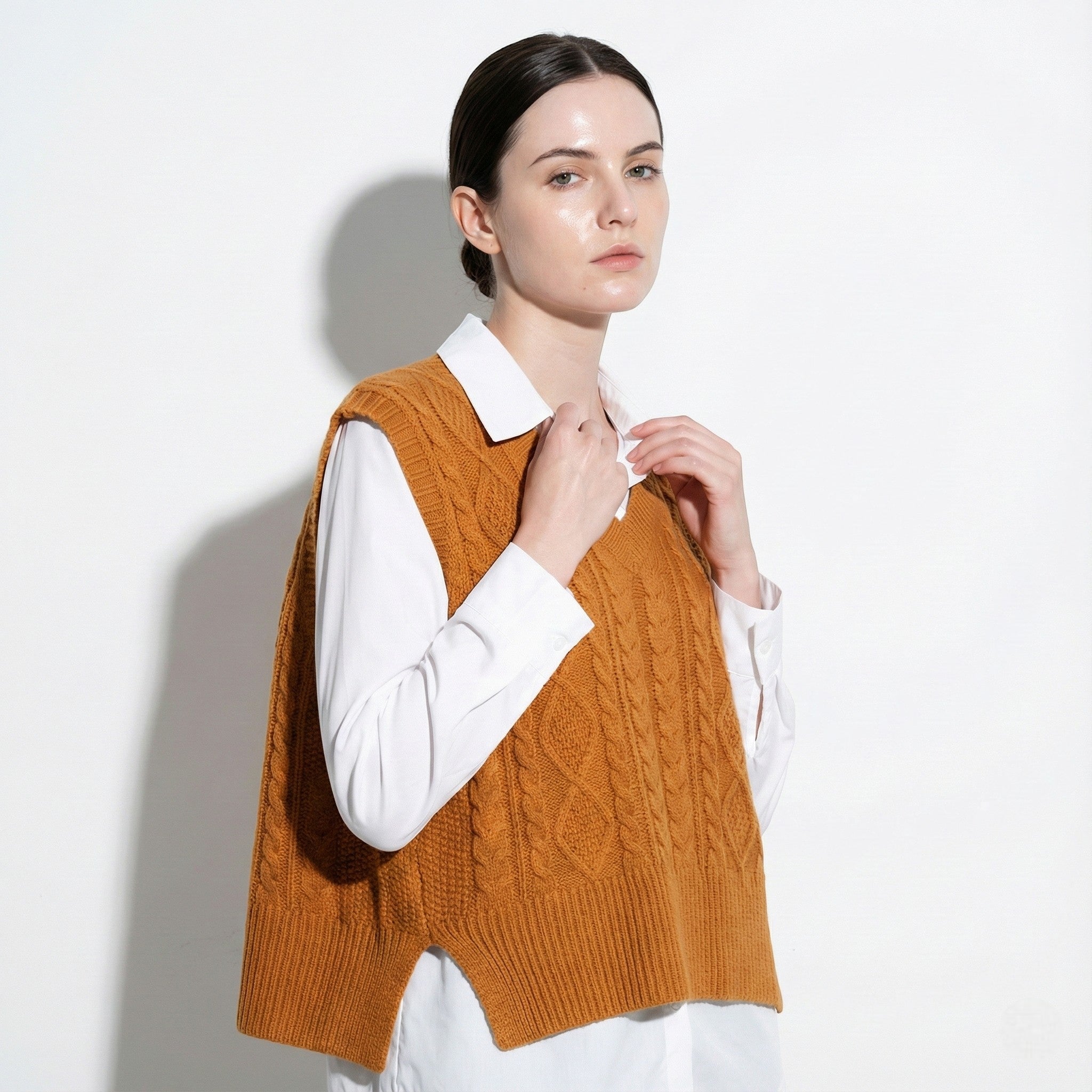 Women's V-Neck Sweater Vest with Cable Knit