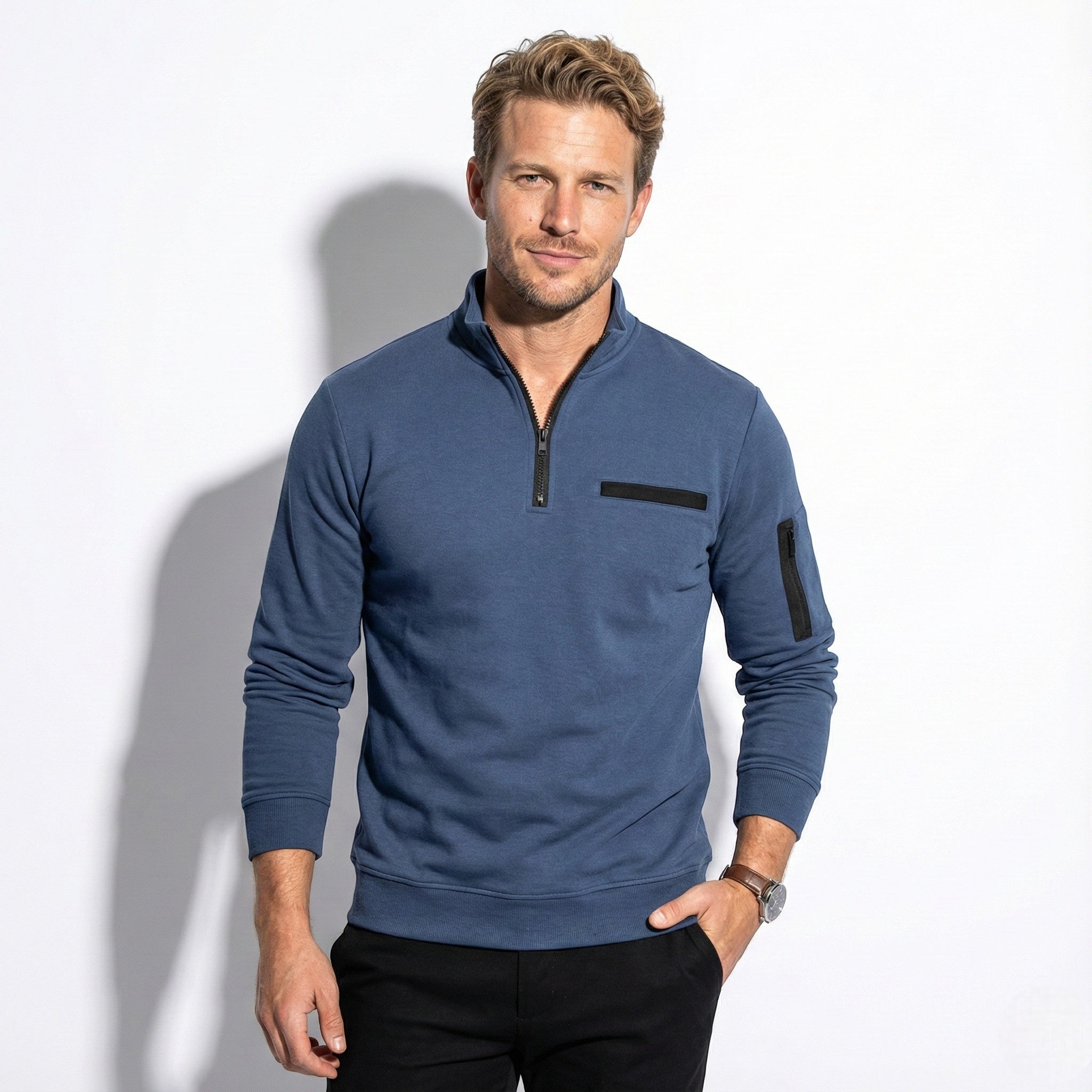 Men's Slim-Fit Sweatshirt with Quarter-Zip Neck and Chest Pocket