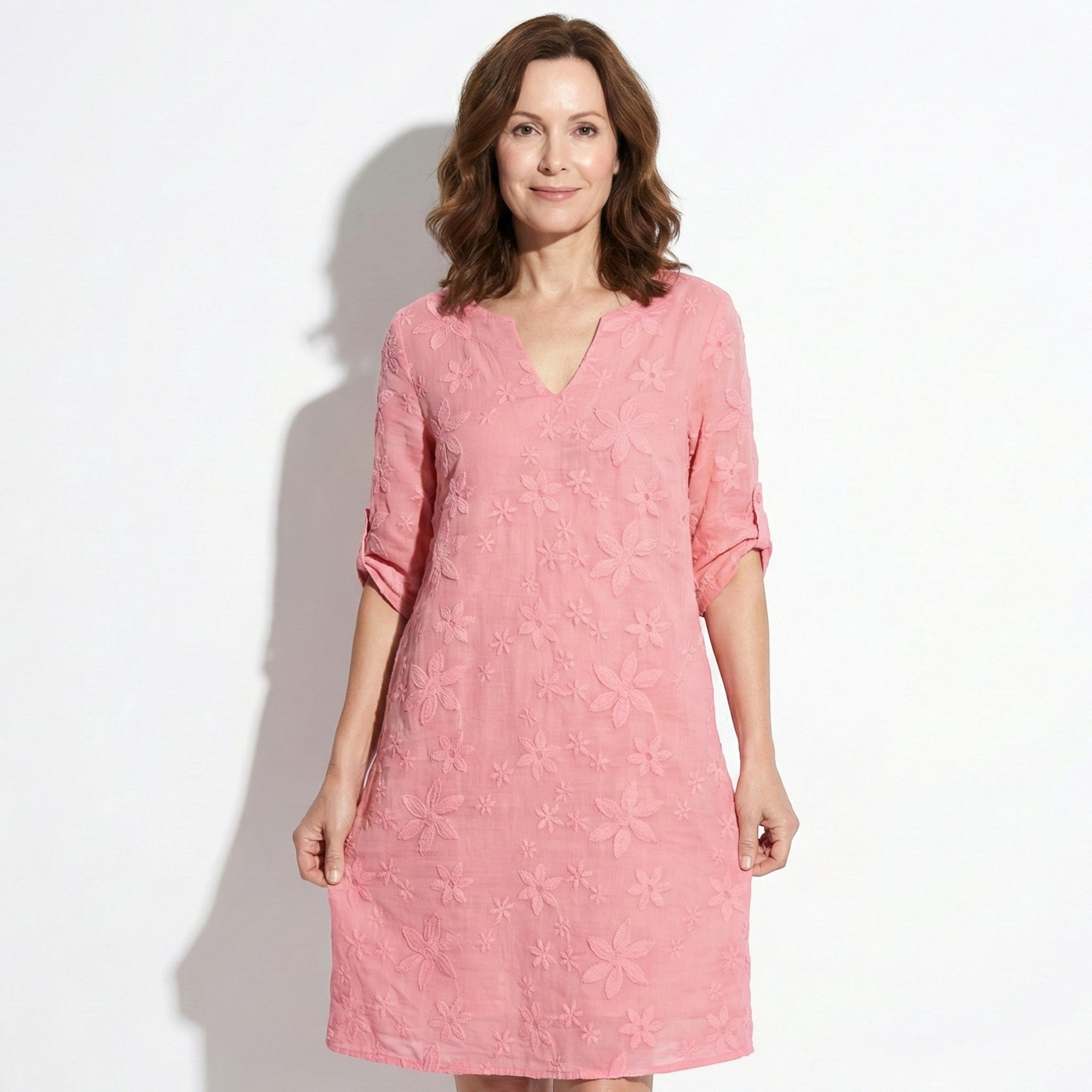 Amber - Women's Floral V-Neck Midi Dress with Half Sleeves