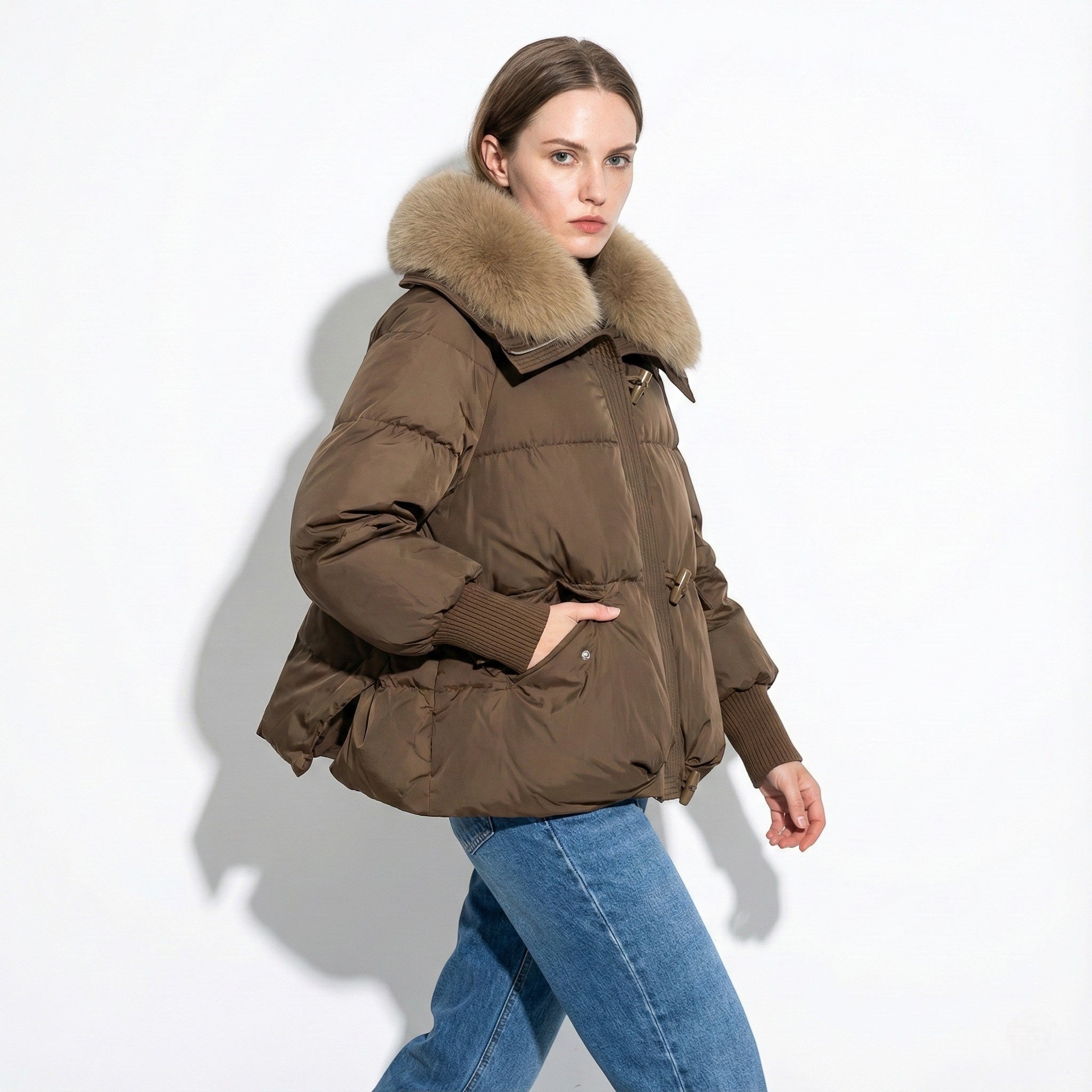 Women's Oversized Winter Puffer Jacket with Fur Collar