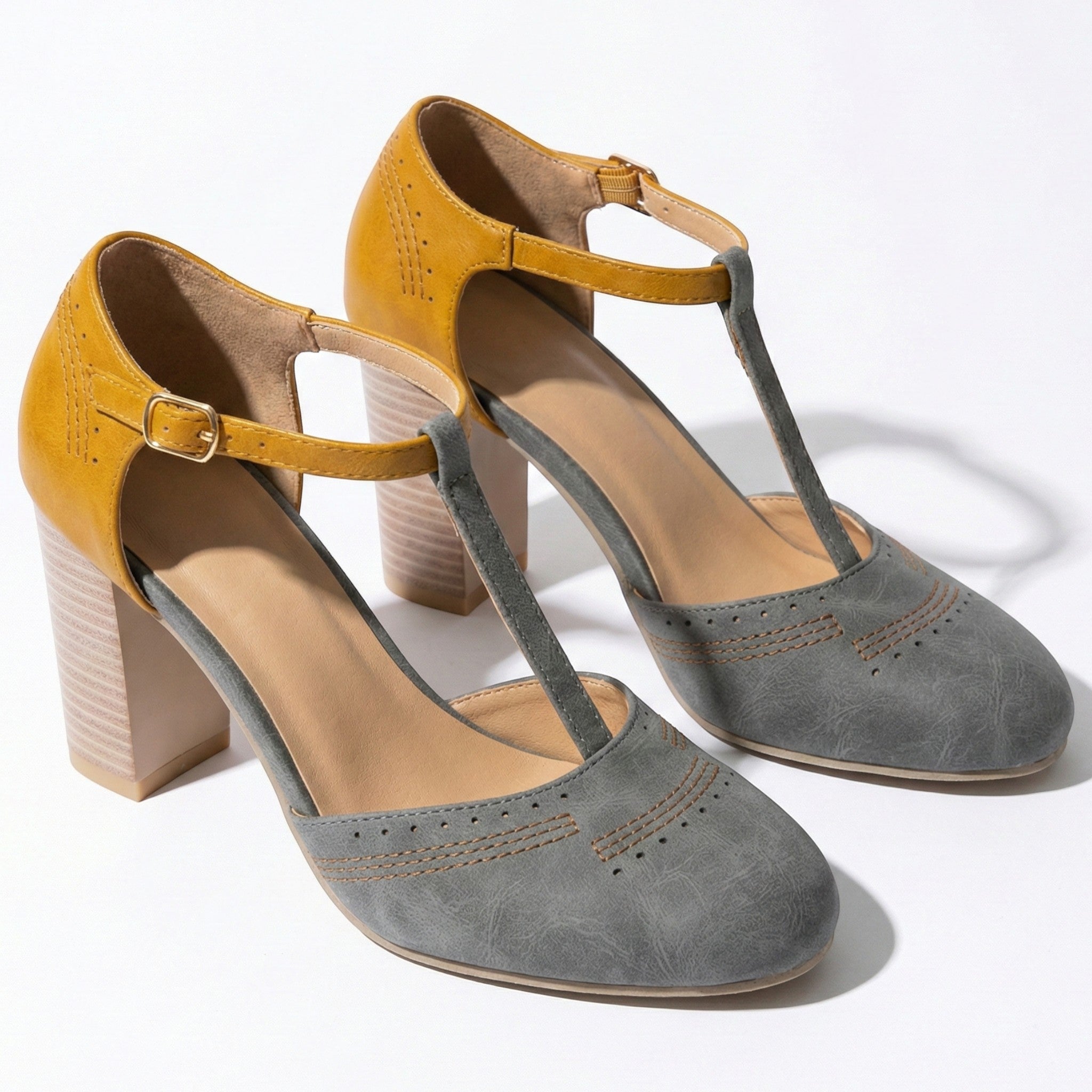 Eleanor - Women’s T-Bar Block Heel Brogue Sandals